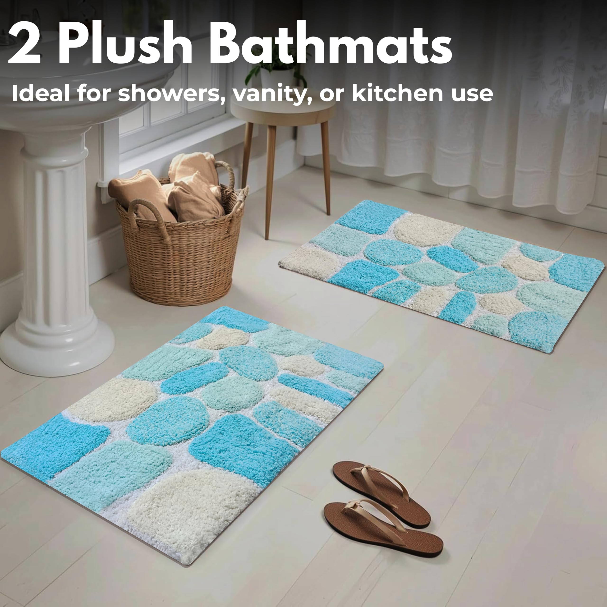 Juego de 2 alfombras de baño de algodón 100 % puro, 21 x 32/17 x 24 pulgadas, suaves, absorbentes, lavables a máquina, color turquesa, alfombras para sala de estar, alfombras de baño para niños,