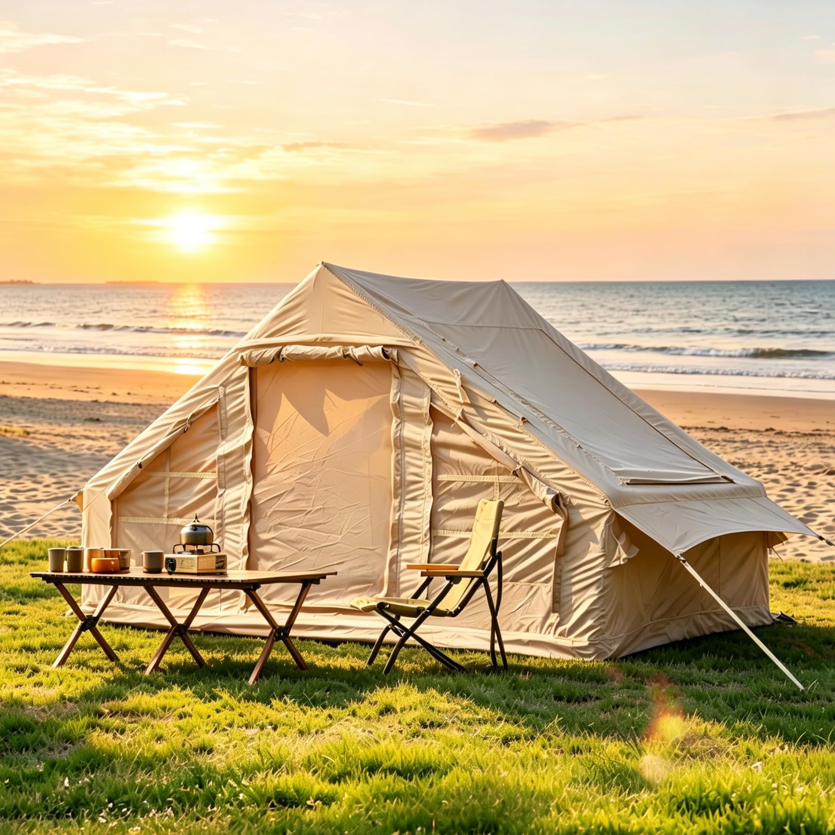 Tente Gonflable 4 Personnes,Tente de Camping Gonflable Spacieuse en Toile 300D,PU3000,UPF50+,Tente Chaude avec Sortie de Poêle,Montage Rapide en 5 Min pour Famille,Jardin et Extérieur