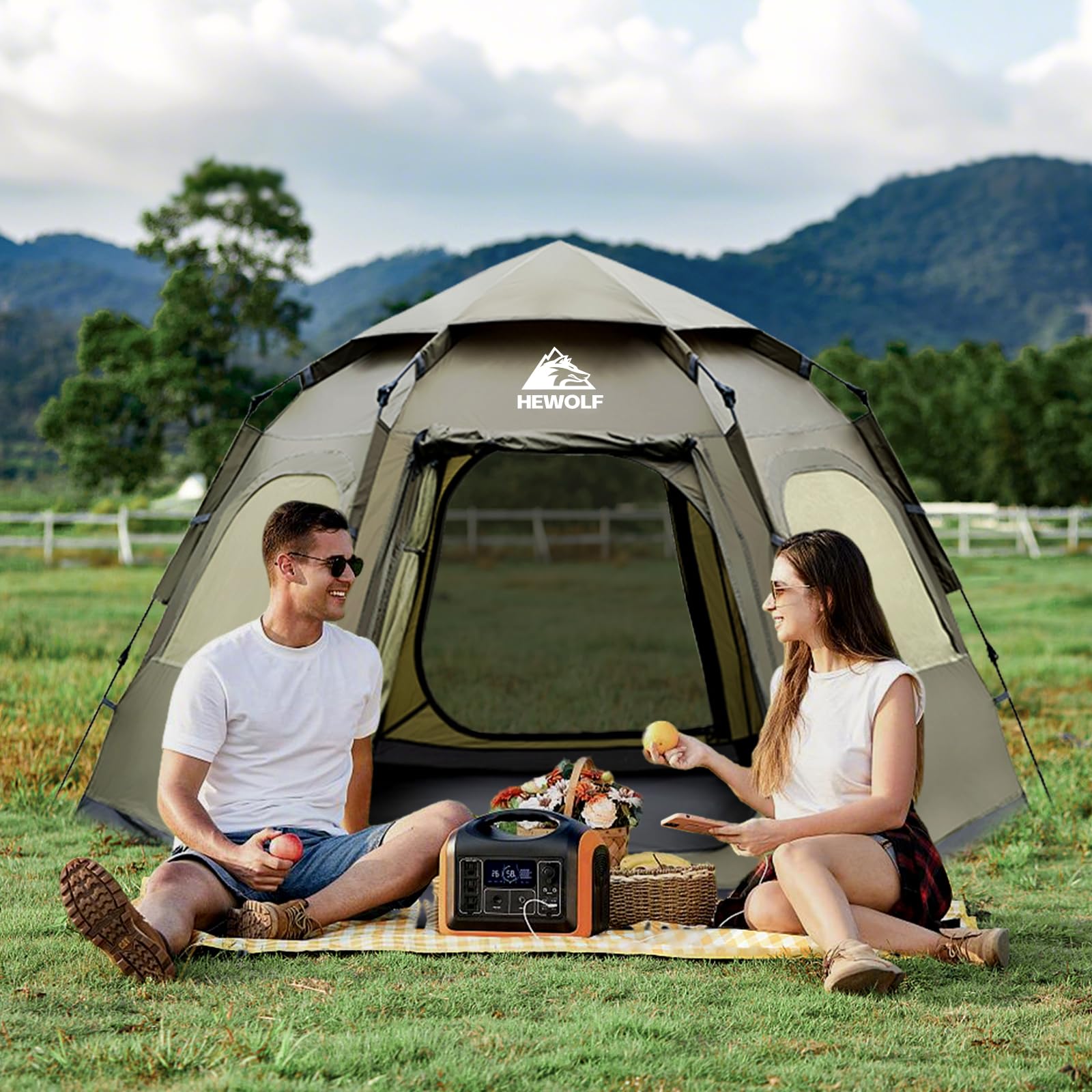 Hewolf 2/3/4 Person Camping Tent - Instant Pop Up Waterproof 2 Doors Tent with Easy Setup | 3-Season Hexagonal Dome Design for Family, Hiking & Traveling (Green)