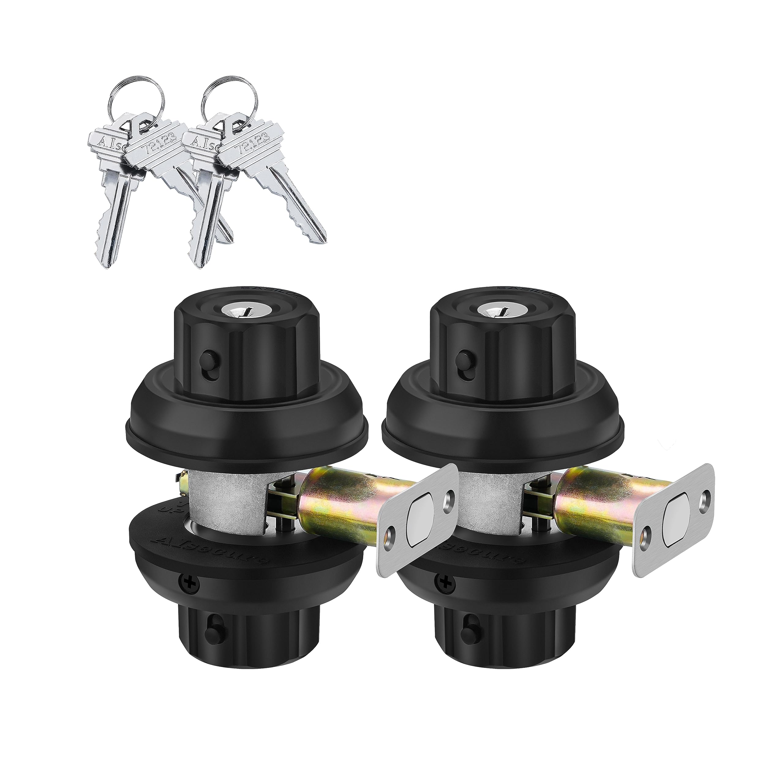 Twist to Lock Deadbolt Lock Without Any Keys Door Knob Set with Single Cylinder high Security with Unpickable Night Latch Enhanced Safety Anti-Mislock Button Built-in on knob 2Pack Keyed Alike Combo