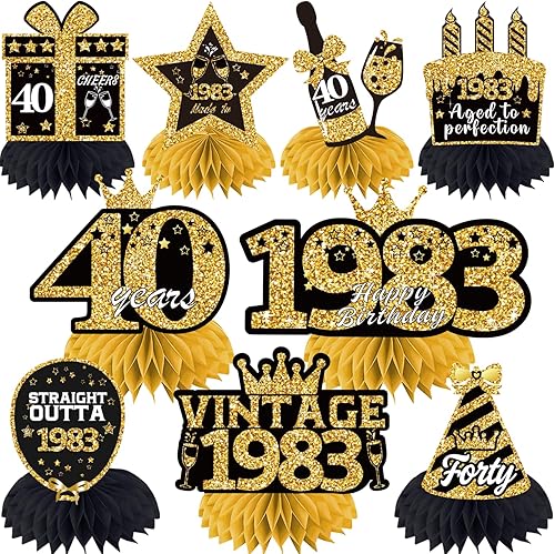 Decoraciones de mesa para fiesta de 40 años, decoraciones de fiesta de cumpleaños de 40 años para mujeres, centros de mesa de panal negro y dorado,