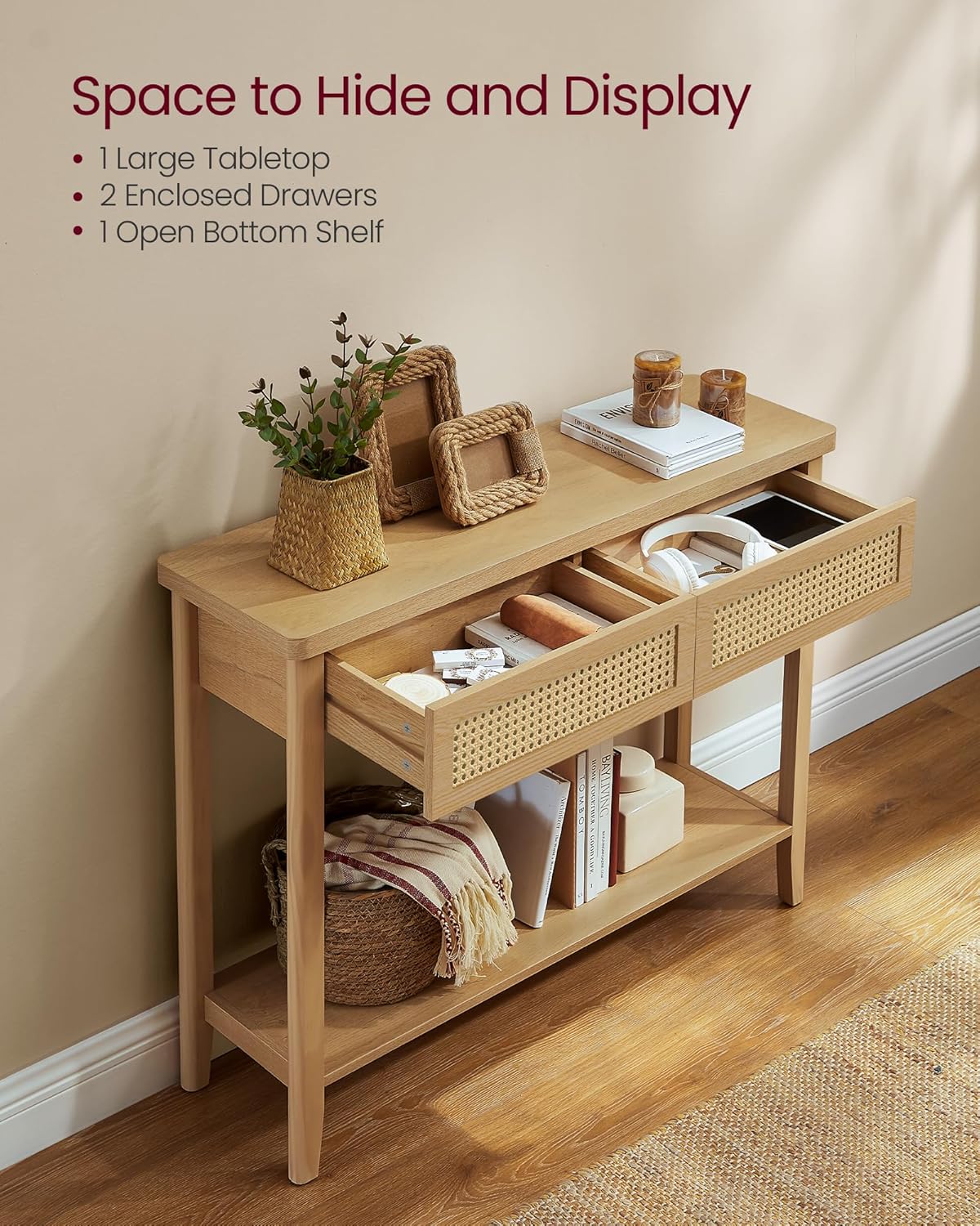 VASAGLE Console Sofa Table, Narrow Entryway Table, 2 Drawers, Open Storage Shelf, Rounded Corners, for Living Room, Boho Style, Oak Beige ULNT016YC01S