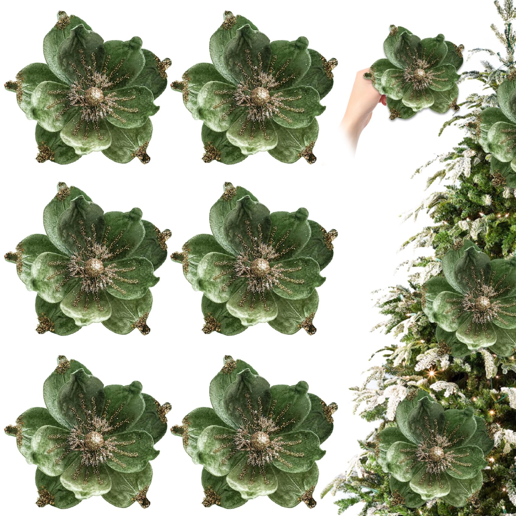 Fleurs de Noël en magnolia vert réaliste de 9,5 pouces aux finitions pailletées