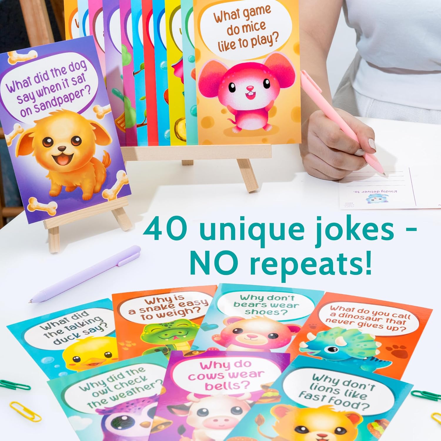 T MARIE 40 Funny Animal Joke Postcards with No Repeats - Humorous Bulk Thinking of You Postcards for Kids, Grandkids, Students, and Teachers, Summer Camp, Lunchboxes and More - Fun Cartoon Postcards - Image 2