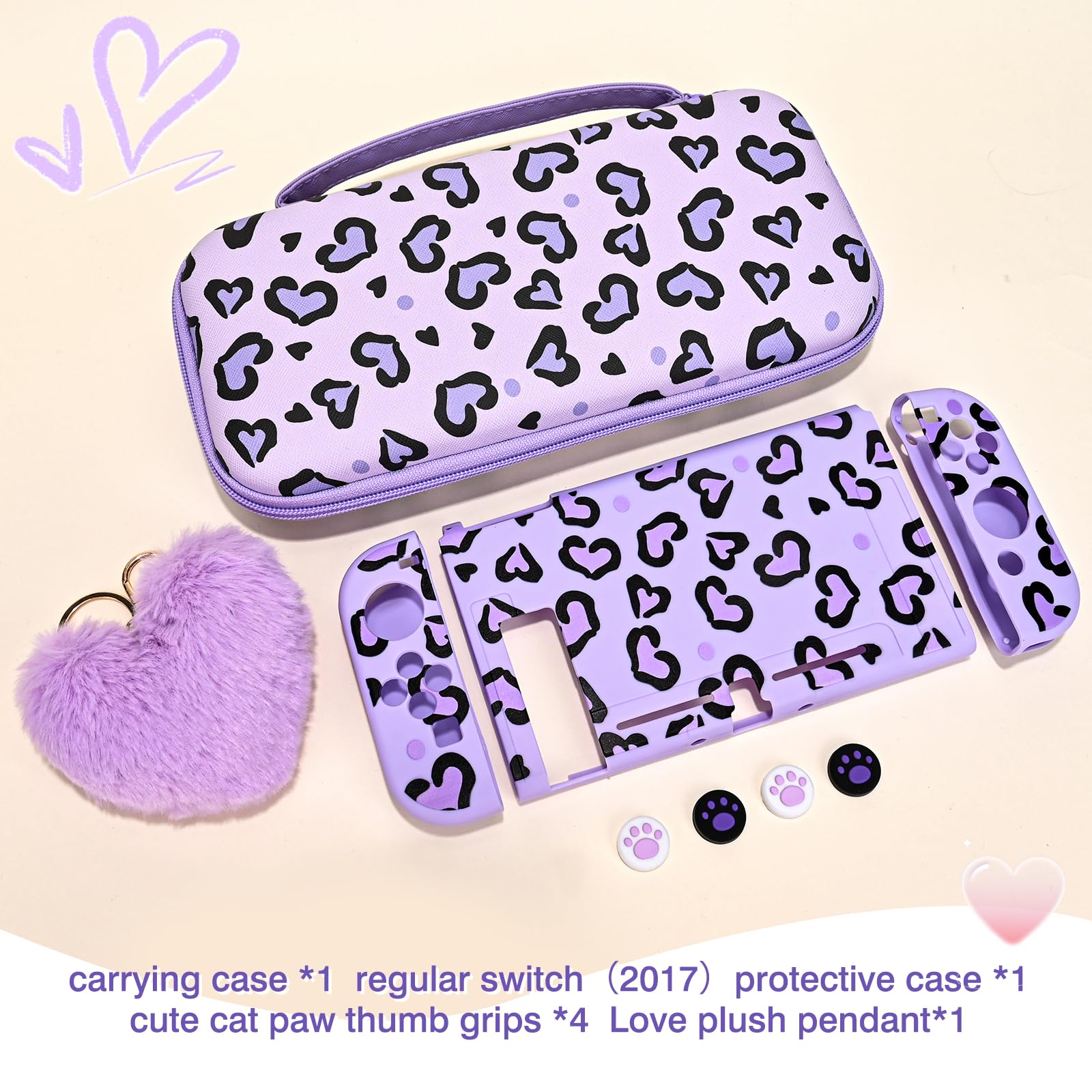DLseego Étui de Transport pour Nintendo Switch, Housse de Transport et Coque Souple avec 4 Capuchons Joystick, 1 Breloque en Peluche en Forme de Cœur, Violet