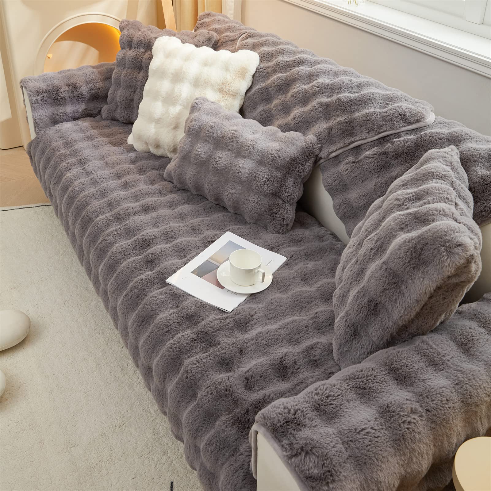 Zachte konijn pluche bankhoezen antislip meubelbeschermer voor 3 kussens bank Loveseat fauteuil, L-vormige armleuning rugleuning roze (110 x 210 cm