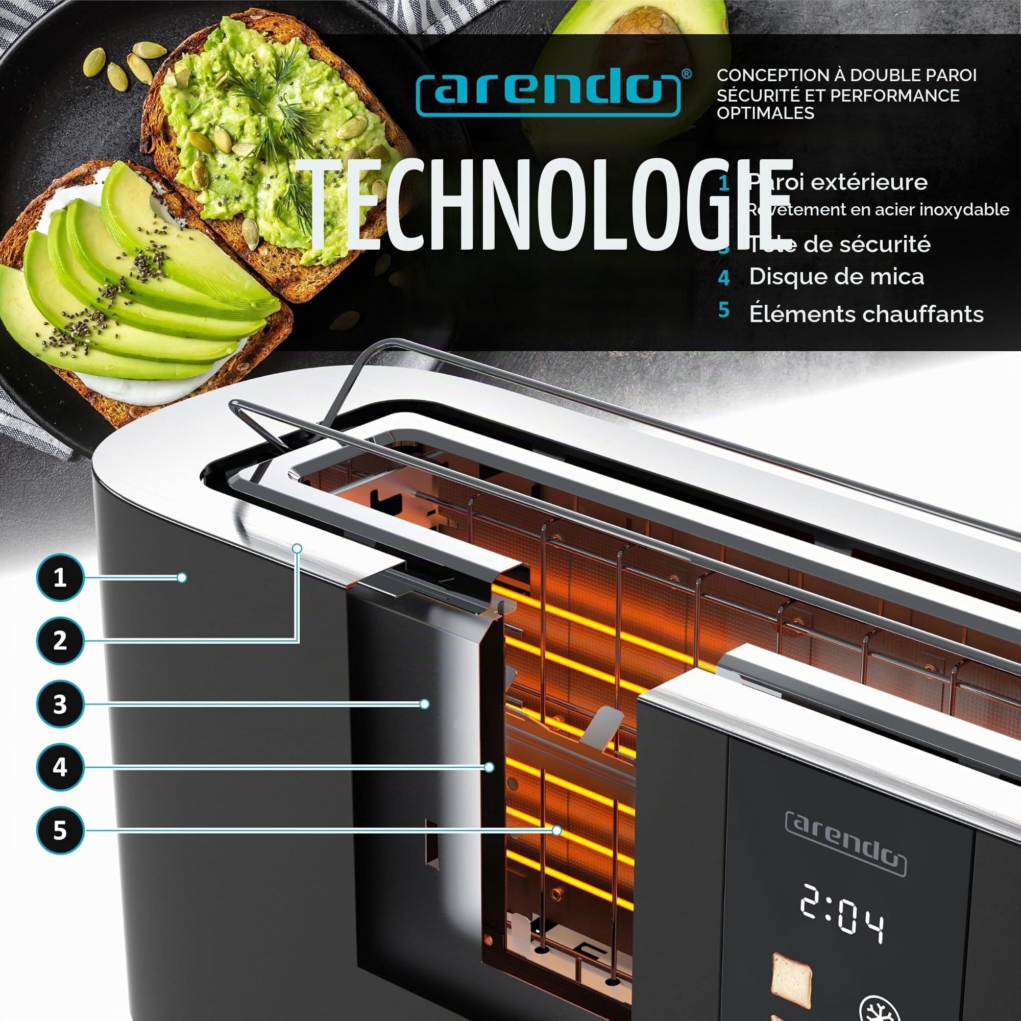 Arendo - Grille-pain en acier inoxydable avec 2 disques à fente longue - Écran tactile - Boîtier à double paroi - Support sandwich intégré - 6 degrés - Centrage du pain - Affichage du temps résiduel