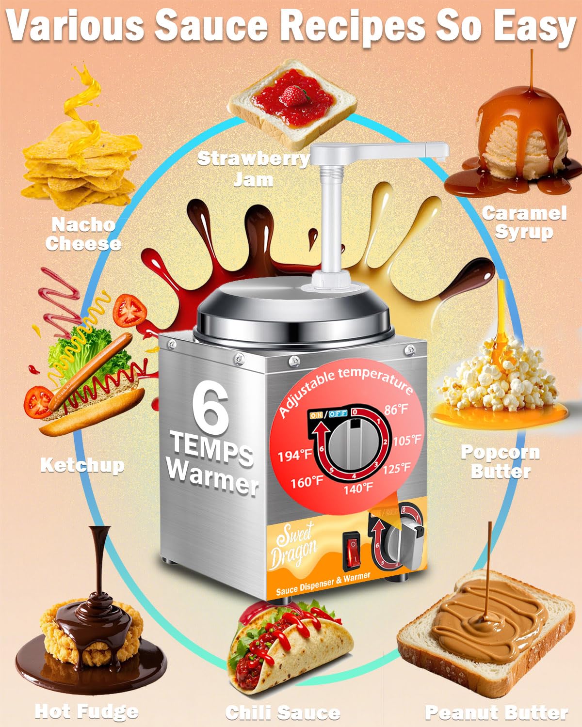 Dispensador de queso Nacho con bomba, calentador de queso nacho de 2.8 cuartos de galón, calentador de queso caliente de acero inoxidable con ajuste de temperatura de 6 niveles, dispensador de salsa