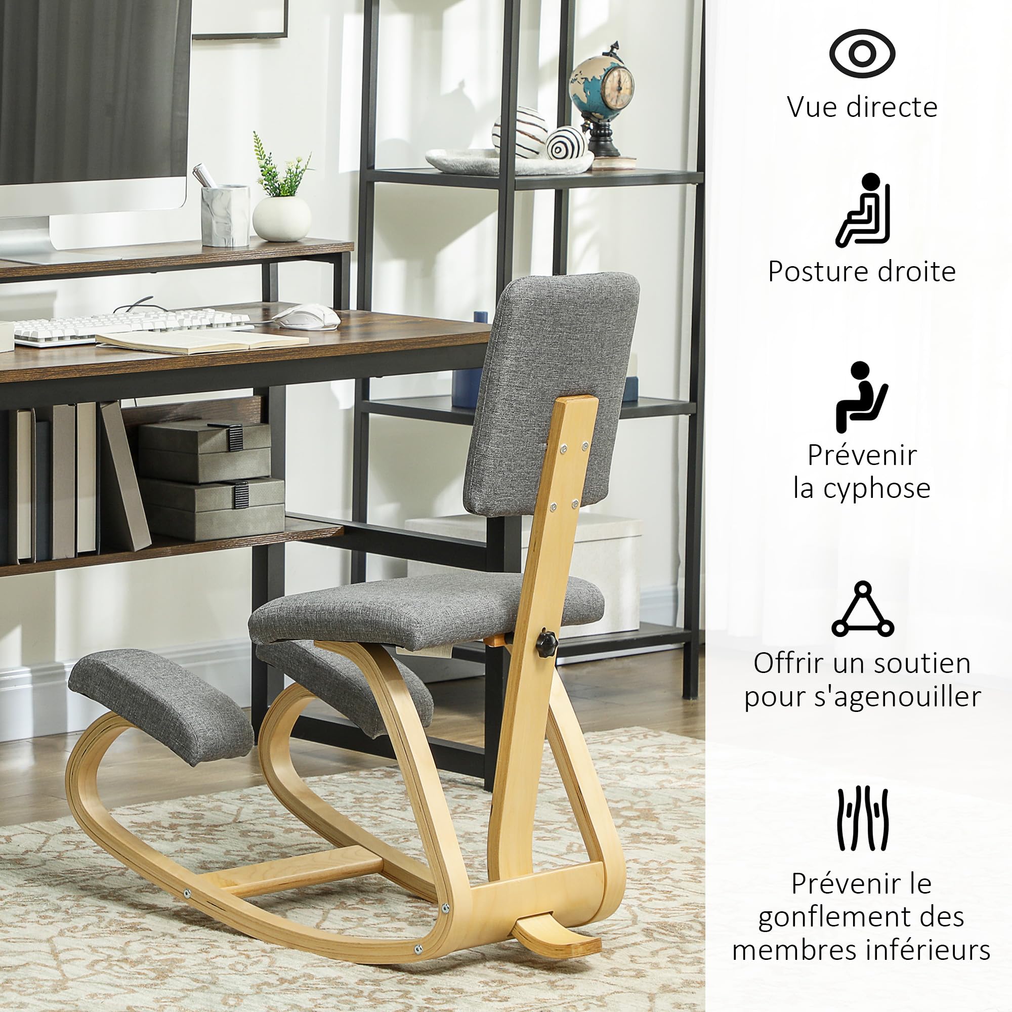 HOMCOM - Silla ergonómica para rodillas, con respaldo, asiento de rodillas, taburete ergonómico de madera, taburete ortopédico, corrector de postura, aliviar el dolor de espalda, gris
