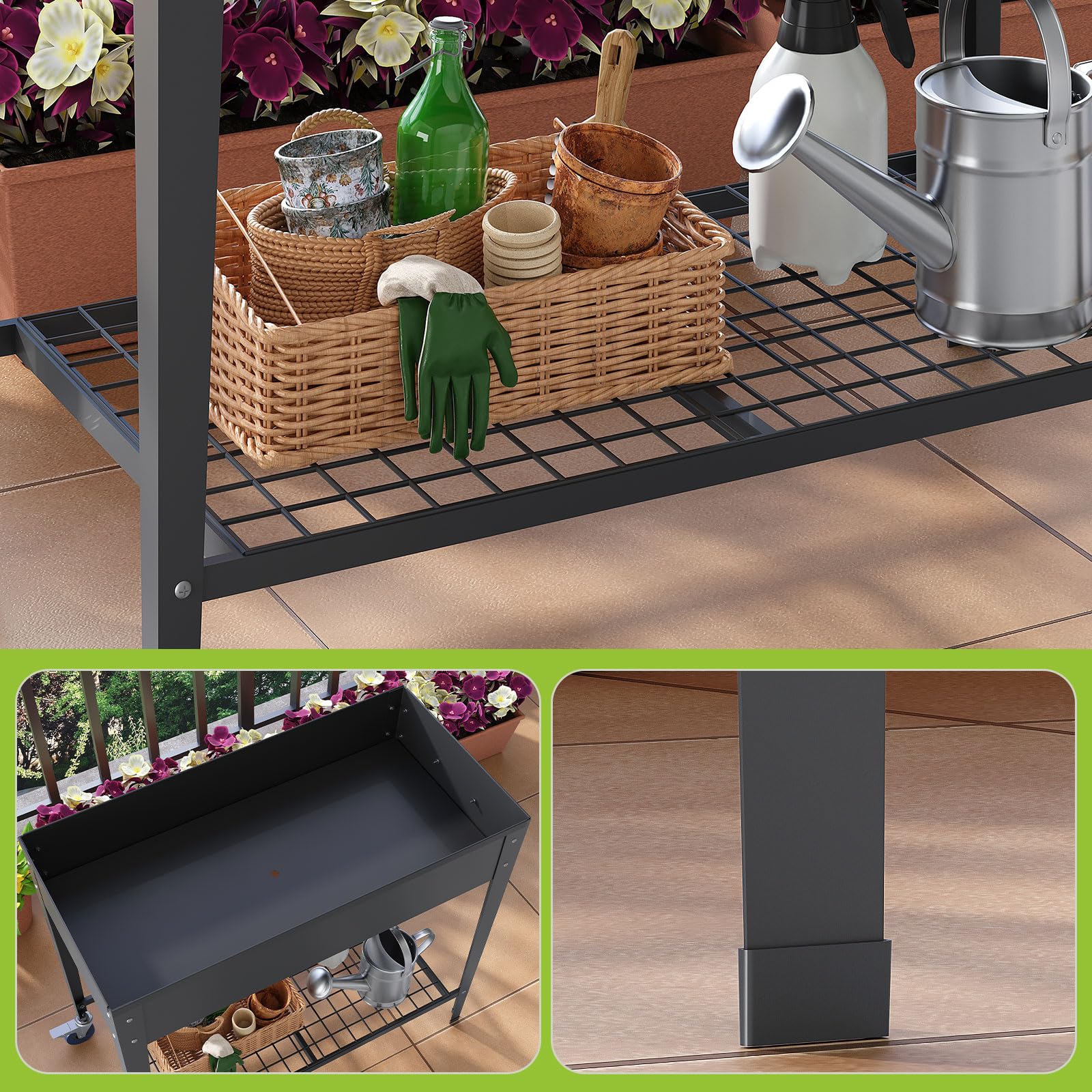 LARMNEE Huerto Elevado de Acero con Ruedas y Estante, Jardinera para Flores y Vegetales con Orificio de Drenaje, 83,5 x 40 x 76 cm, Maceta Elevada para Plantas, Apta para Balcón, Gris EGY02MP02