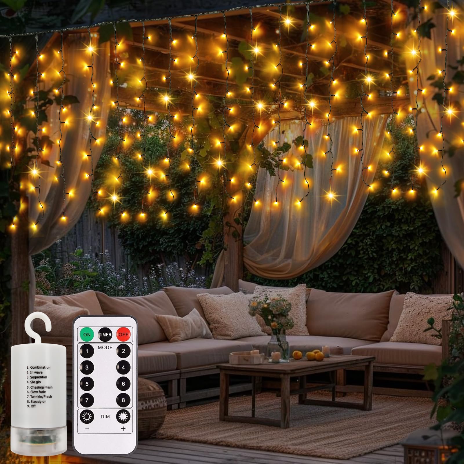 CCILAND Luces de cortina de Navidad que funcionan con pilas, 6 m x 1 m, 300 luces LED de cortina de alambre verde con control remoto para decoración de bodas, fiestas y jardines