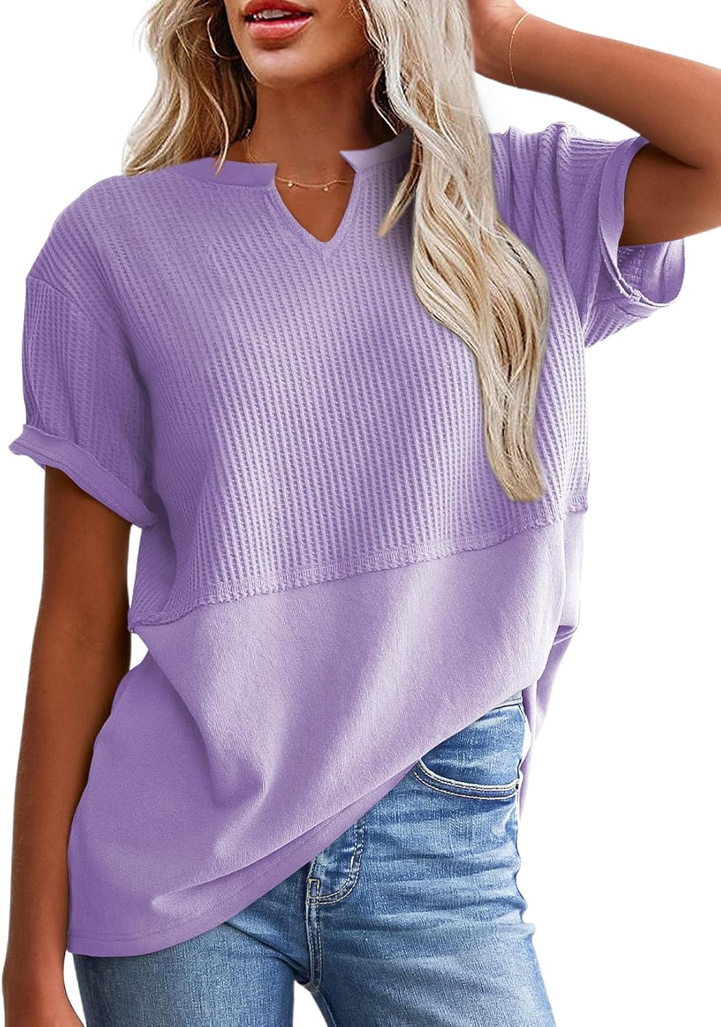 SHEWIN Womens Casual V Neck Waffle Knit Tops Short Sleeve T Shirts Loose Blouses