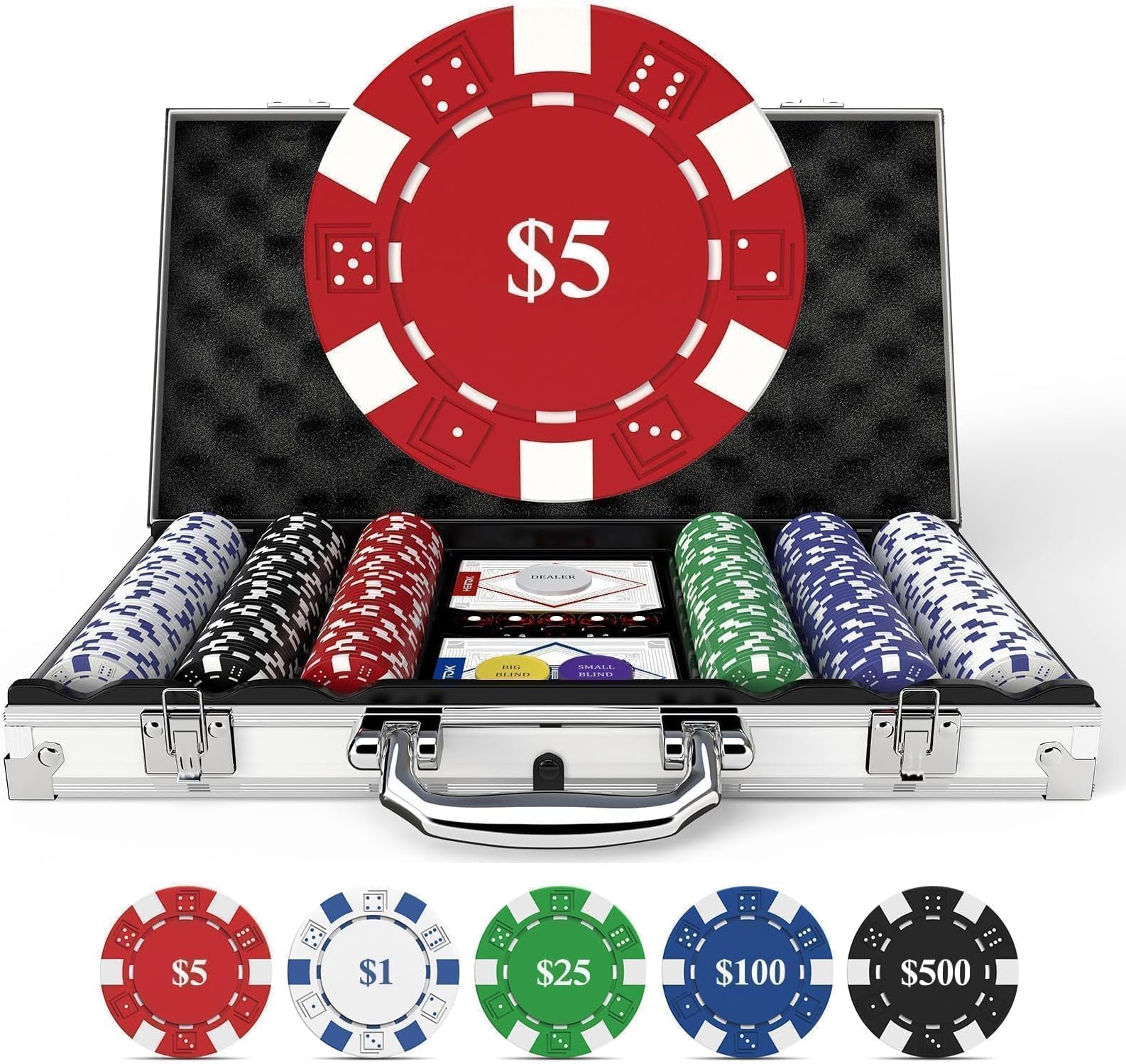 HEITOK Poker Set for Texas Hold'em with 300-Piece 11.5g Denominations Poker Chips, 5 Dice & 2 Decks in Portable Aluminum Case – Professional Blackjack Games (Age 8+)