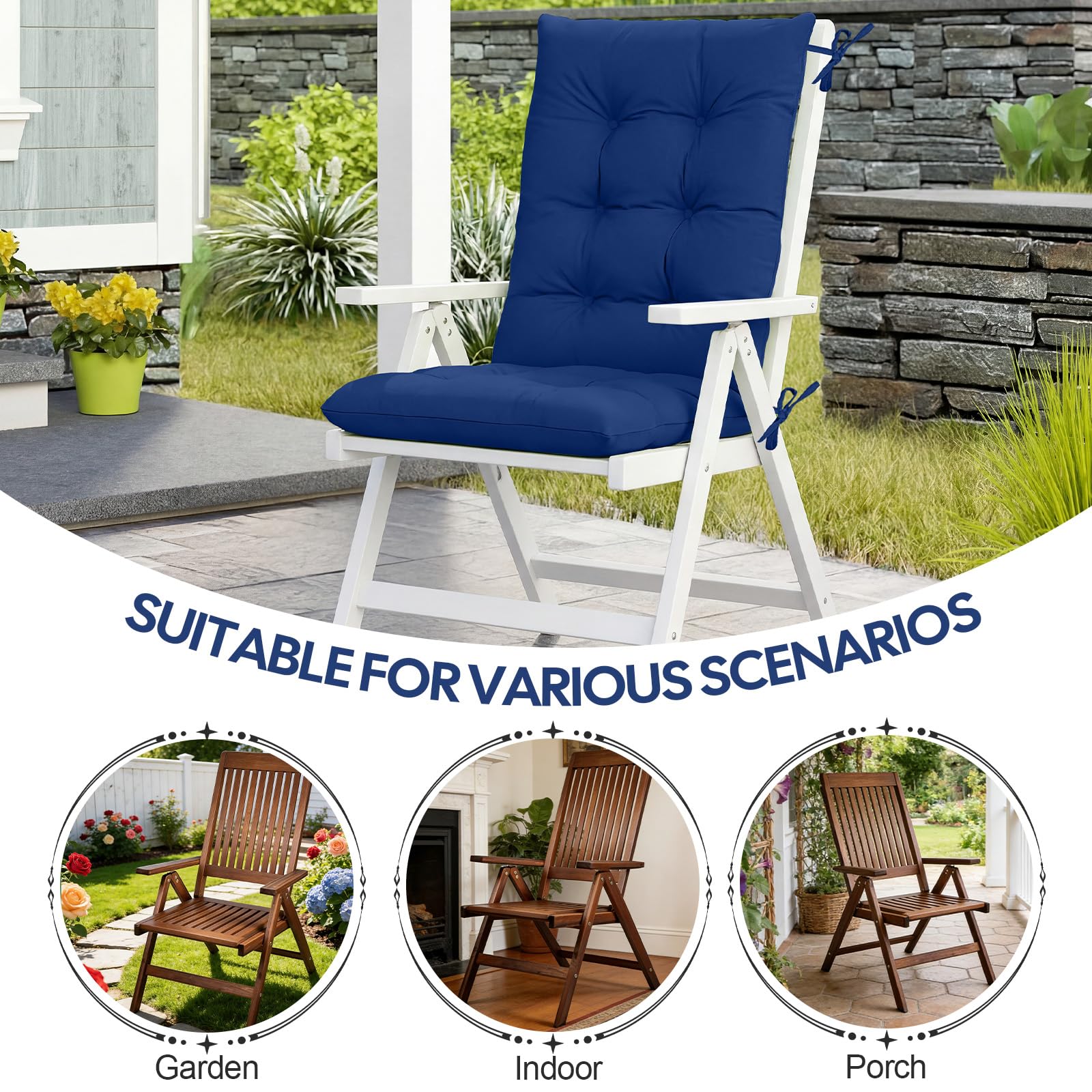 RIMEPATIO - Cuscino per sedia da esterno con schienale alto, 120 x 45 cm, spessore 8 cm, trapuntato, impermeabile, in rattan, con legacci, per sedie da giardino e patio, sedie a sdraio, blu