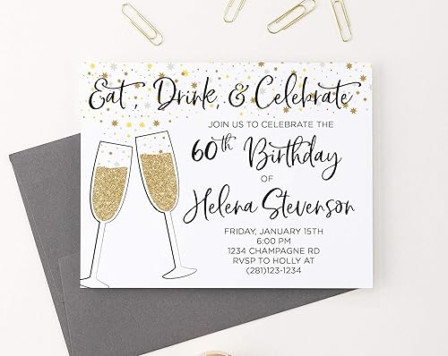 Miniatura 3 de Black and Gold Champagne 40th Birthday Invitations for Women, 50th Birthday Invitation Cards for Women, 70th Birthday Invitations for Women, Your