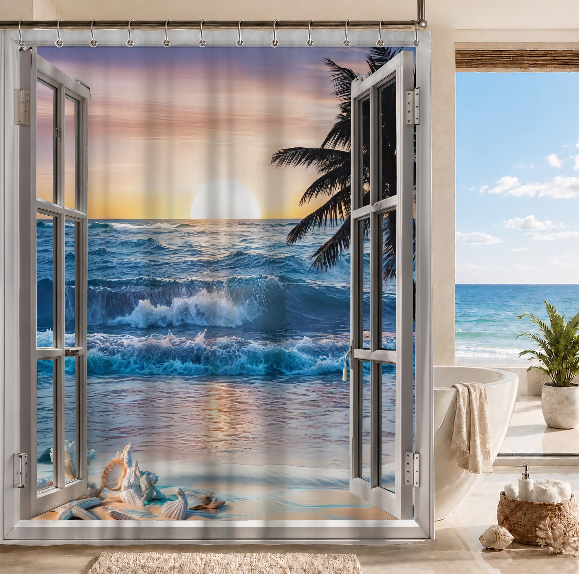 Famiffty Ocean Beach Shower Curtain 60Wx72L Inch Turquoise Tropical Palms Island Through Seaside White Wooden Windows Sea View Summer Cloth Bathroom Accessories Home Decor Waterproof Fabric 12 Hooks — image 1