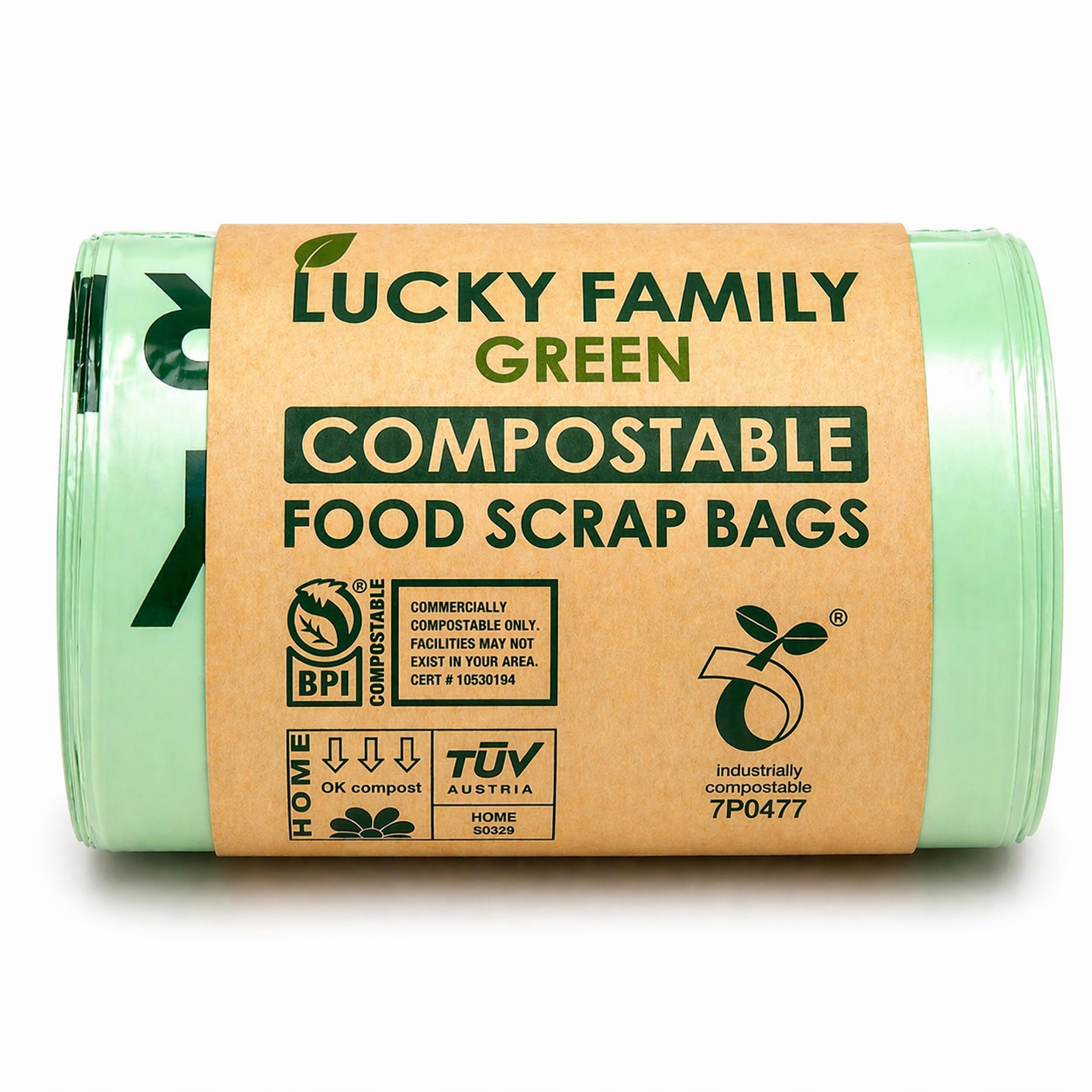 Lucky Family - Bolsas de compostaje verdes para encimera de cocina, 1.3 hasta 1.6 galones, 100% compostable, reciclables, orgánicas, ecológicas, 50 bolsas por rollo