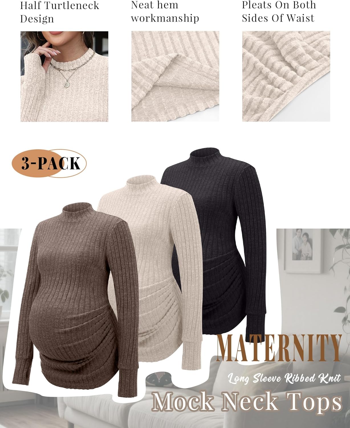 3 Pack Women's Maternity Shirts Mock Turtleneck Long Sleeve Ribbed Pregnancy Tops with Thumb Hole Mama Clothes - Image 3