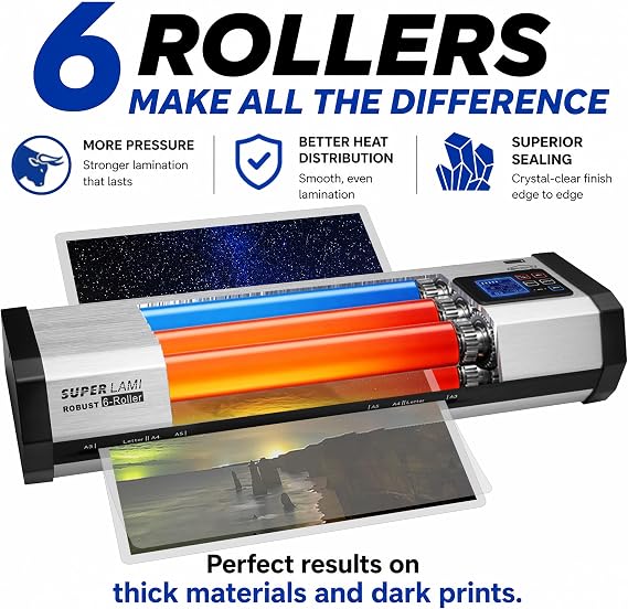 SINCHI Robust 6-Roller Laminator Machine with LCD Display, 3-10 Mil, Heavy Duty, 13-inch Thermal Laminating Machine for Commercial Use, 1.5-Minute Warm-up, 90 Inches/Minute, 105 Settings & 99 Memories