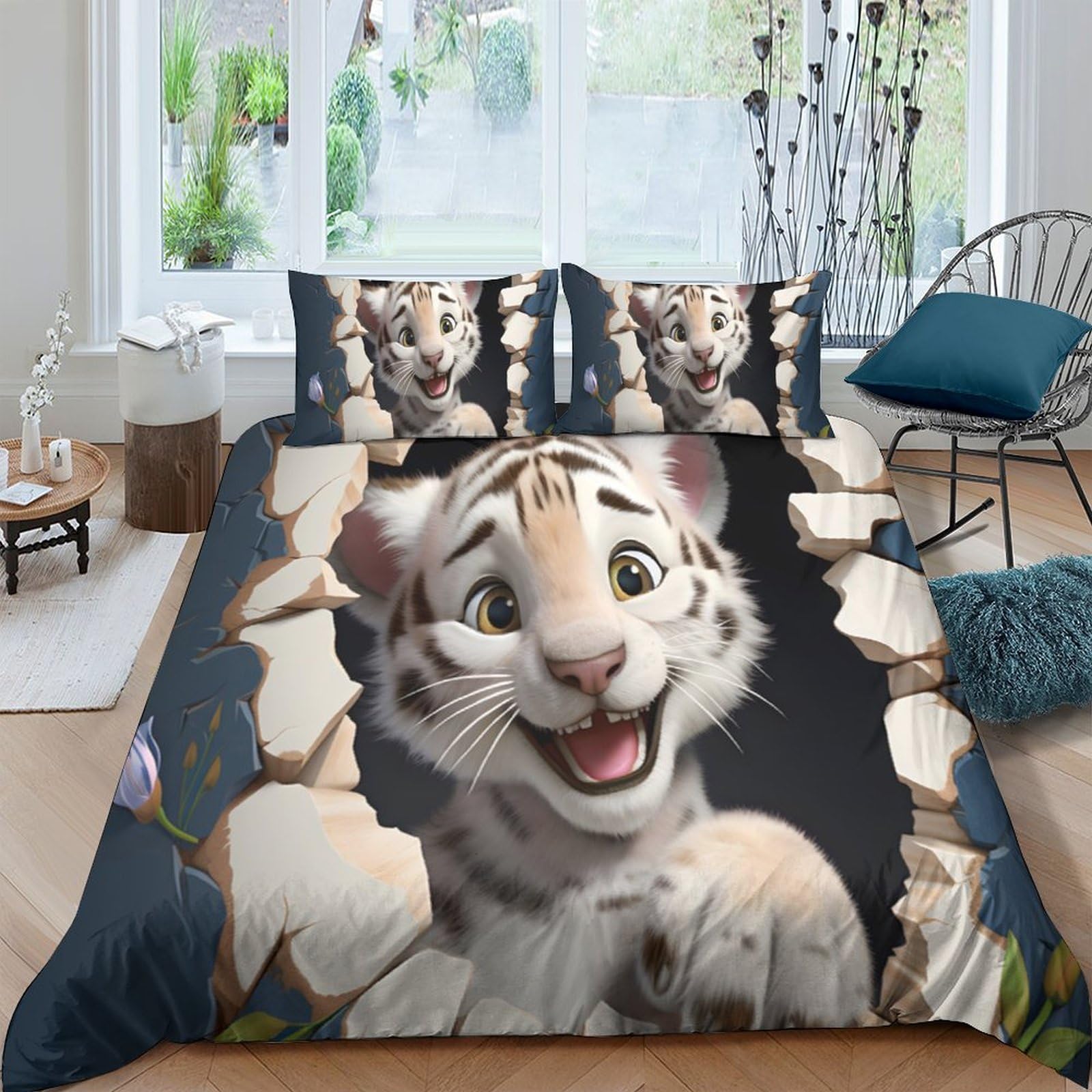 GPLZQXKJNH 3D Printed White Tiger Cartoon Duvet Cover Microfiber Soft Bedding Set with 2 Pillowcases for Bedroom Decor Single（135x200cm）
