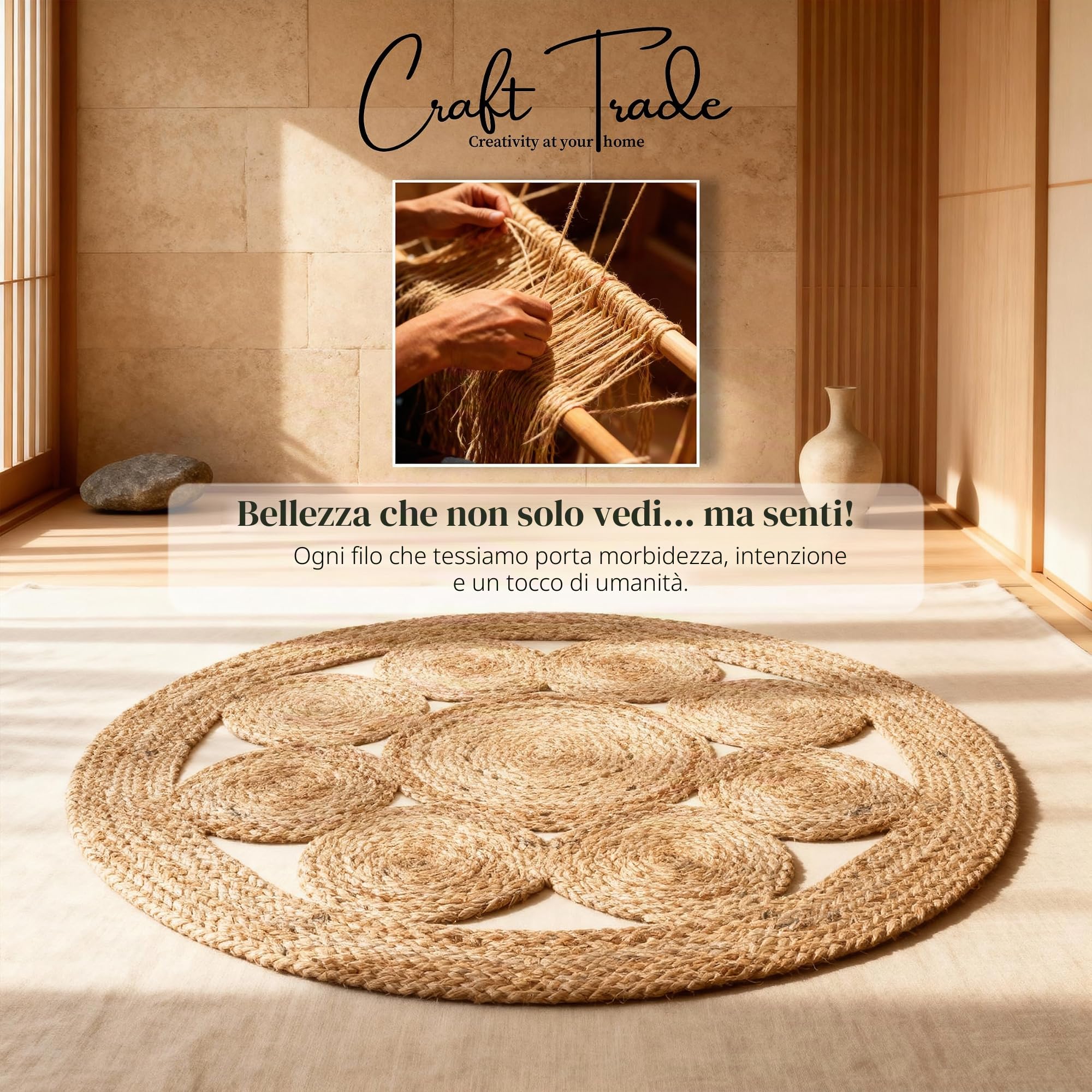 Craft Trade Naturale Lavabile Boho Fiore Tappeto in Iuta Intrecciato a Mano Reversibile Rotondo Tappeto di Juta per Cucina Soggiorno e camera da Letto- 120 cm