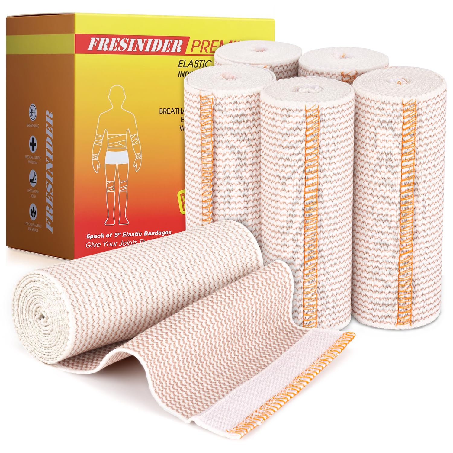 FRESINIDER Premium Elastic Bandage Wrap 5 Inch, 6 Pack, Hook and Loop | Wide 5-Inch Cotton Compression Wrap for Knee, Shoulder and Thigh; Firm Support for Sprains, Swelling and Sports Recovery. 5" X 6 Pack