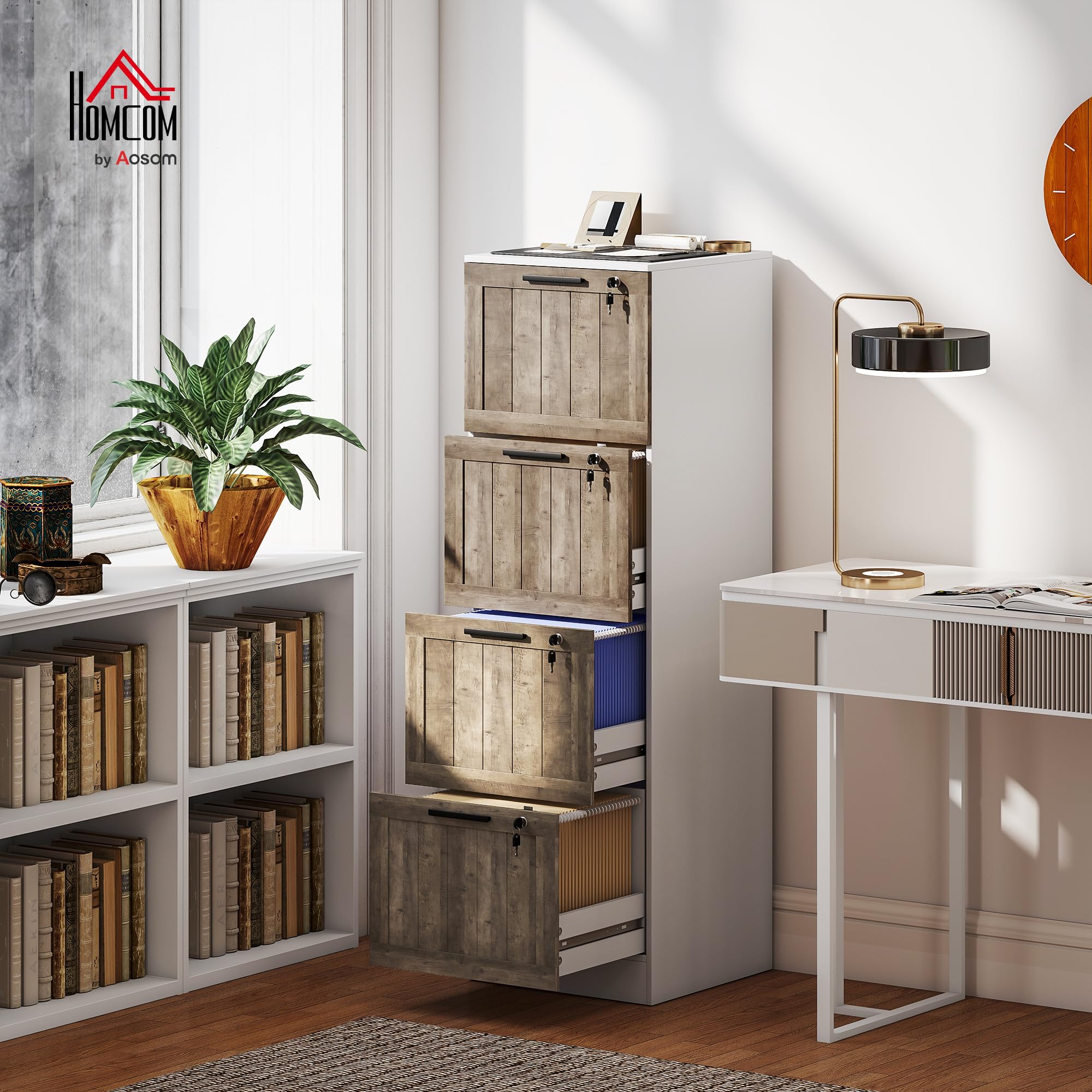 HOMCOM Armoire à tiroirs de Bureau avec 4 tiroirs Armoire à tiroirs de Bureau avec Serrure 2 clés Barres de Suspension pour A4 Lettre à dossiers Mobile pour 39,4x40x129 cm Blanc & Bois