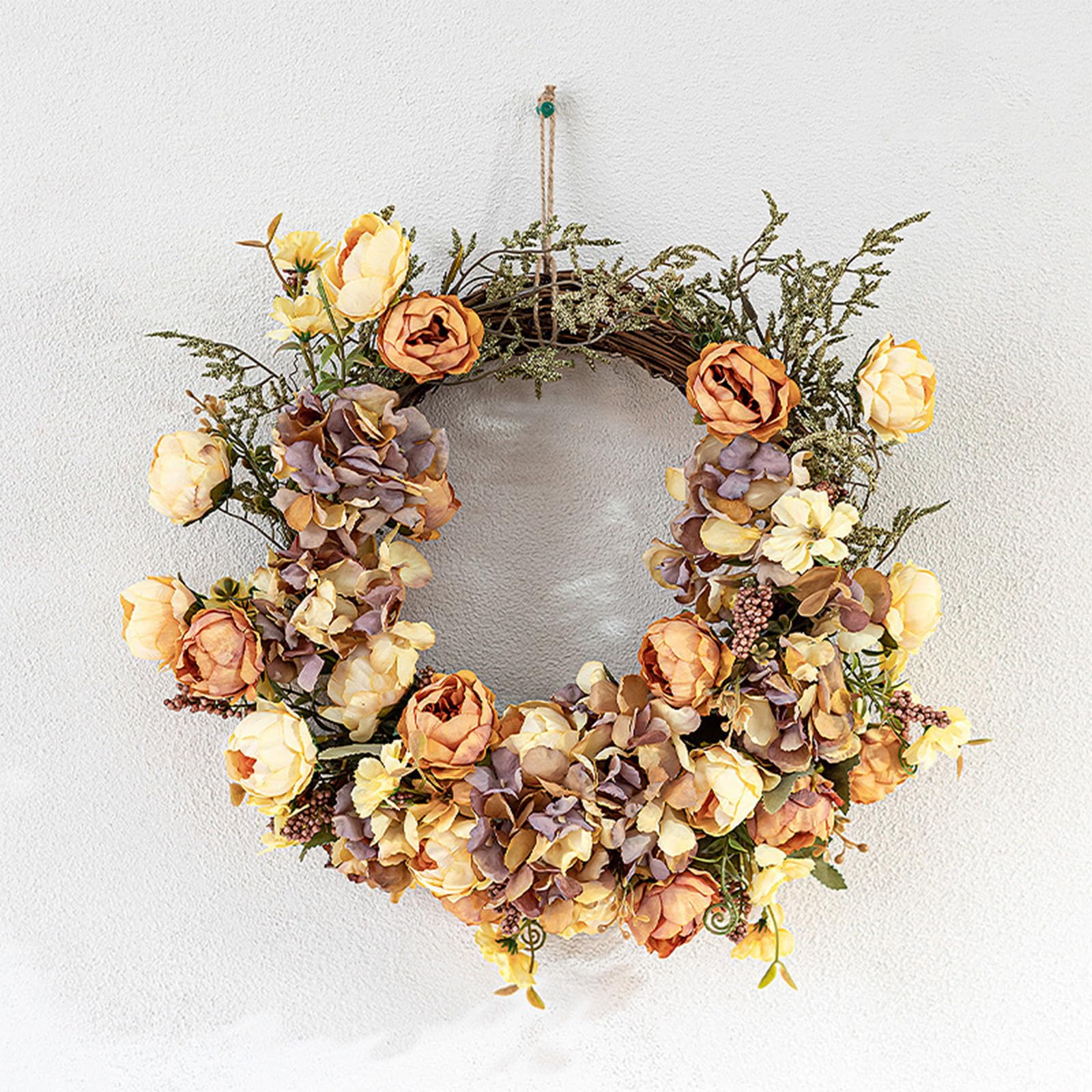 Türkranz Frühling/Herbst, 30cm Rose Kranz Fälschte Blumen Ganzjährig Verwendbar, Haustür Wand Deko Künstliche Pflanzen für Tür Hochzeit Heimdekoration (Orange Kaffee)