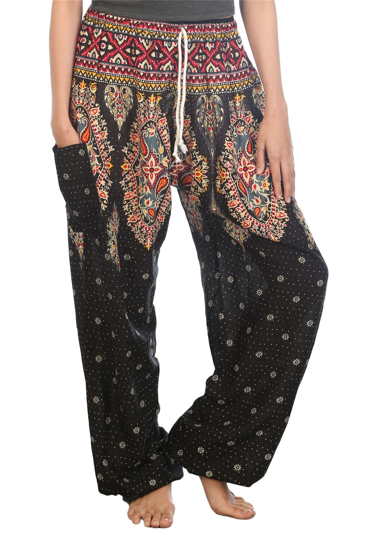 Lofbaz Women's Floral Printed Drawstring Boho Harem Pants Black 4XL
