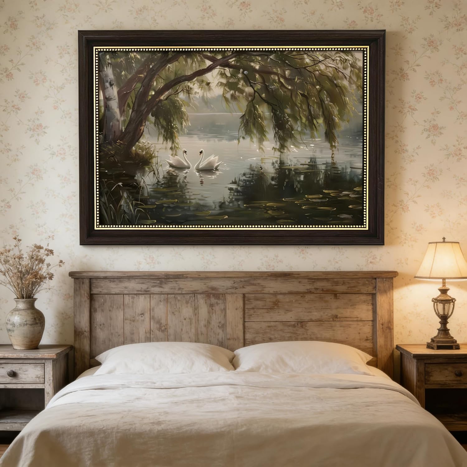 Vintage Framed Swan Wall Art Lake Landscape Wall Decor Countryside Swan Prints Vintage Romantic White Swans Painting Pictures for Home Living Room Decor 12x16 Inch