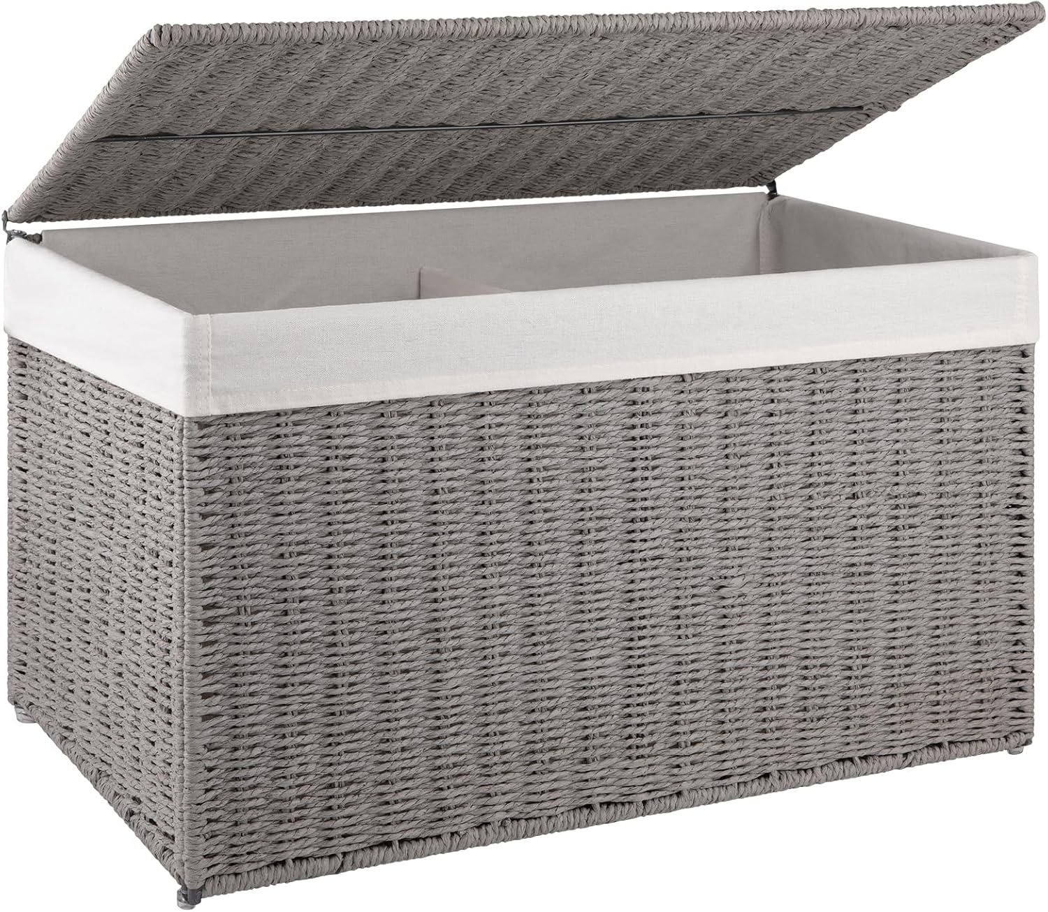 oiahomy storage basket with lid, 27.7 gallon (105l) blanket basket with removable separated liner bag, paper rope hamper with handle, foldable, shelf basket for living room, grey grey 105l