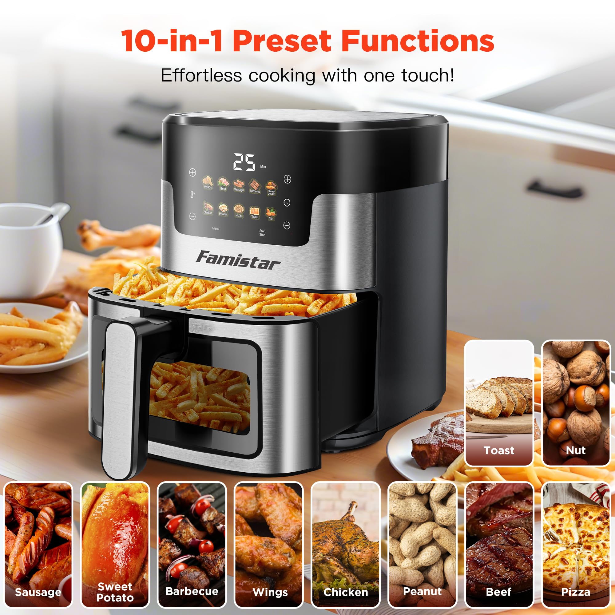 Air Fryers, Pro 10-in-1 with Large Capacity Basket, 175-400°F, 95% Less Oil, Match Cook & Smart Finish to Roast, Broil& More for Quick, Easy Meals, Stainless Steel