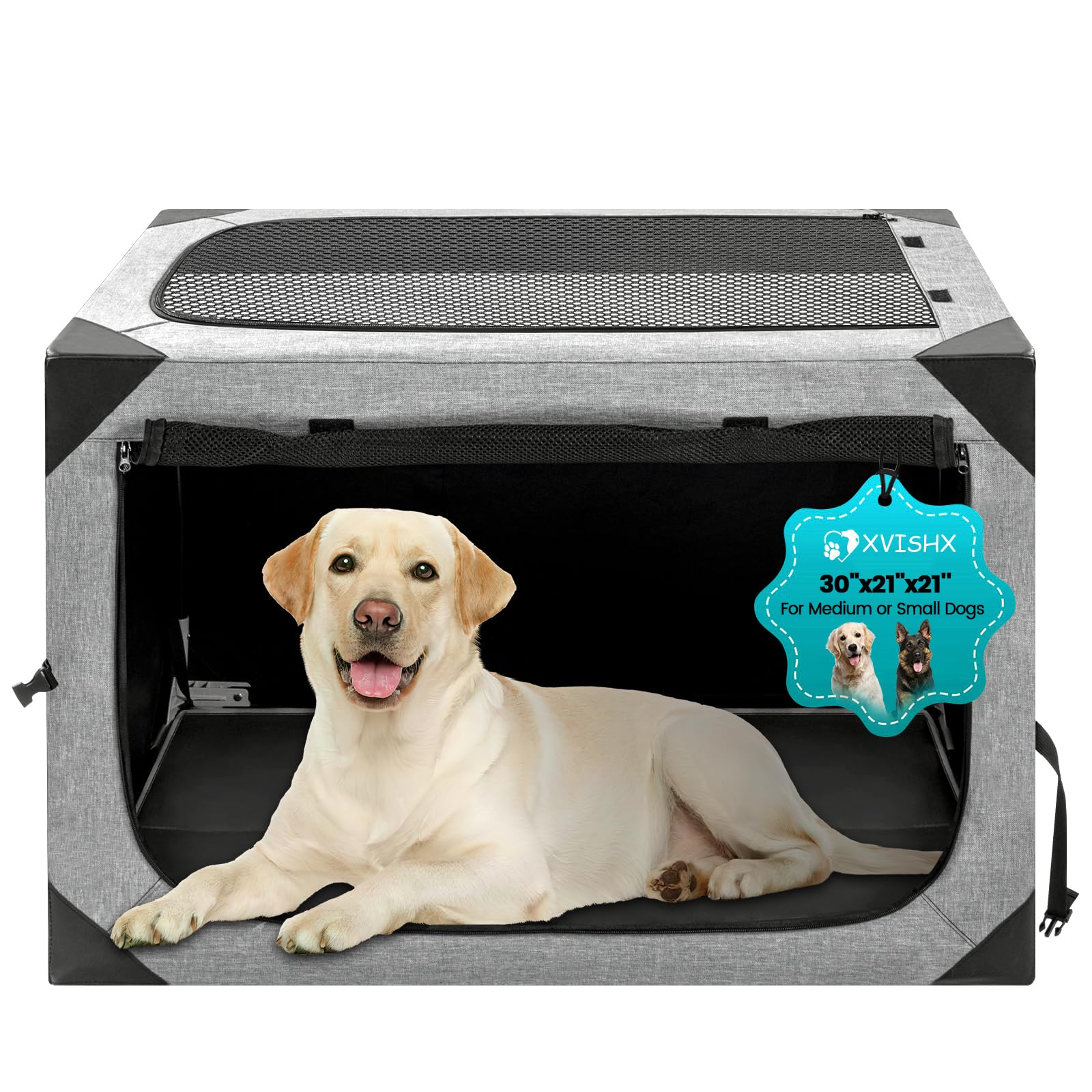 Photo 1 of Dog Crate,30x21x21 Inch Large Dog Crate for Large or Medium Dogs, Portable and Foldable Design of Dog Cage, Perfect for Travel or Home Use, Dog Kennel with 3-Door and Durable Mesh Windows, Light Grey