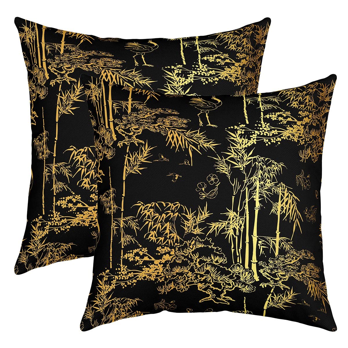Luxury Black Gold Cushion Covers 45 x 45 cm for Couch Set of 2 Cushion Covers Bamboo Decorative Sofa Cushion Couch Cushion House Eastern Botanical Oriental Gift Gold Cushion Cover Not Included