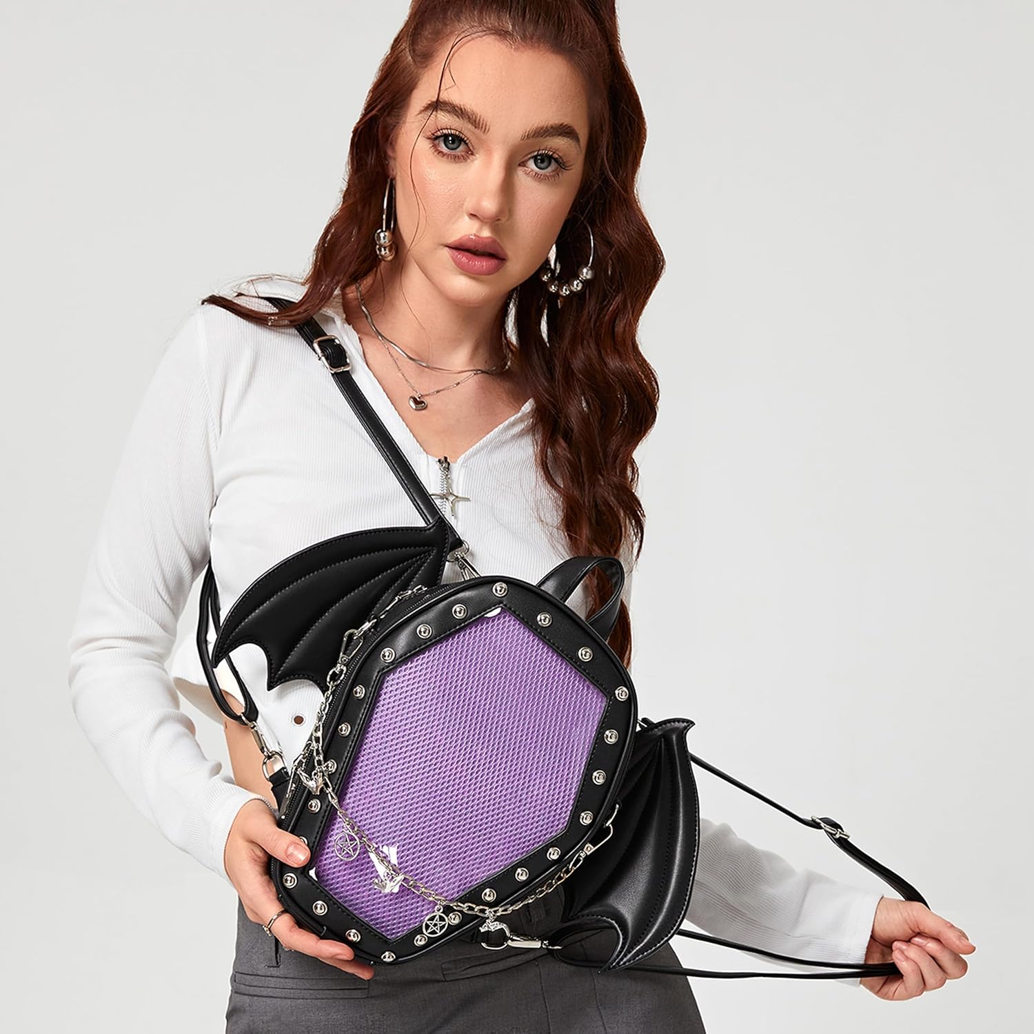 Goth Coffin Backpack with Detachable Bat Wing Halloween Coffin Ita Punk Shoulder Bag for Enamel Pins Display - Image 6