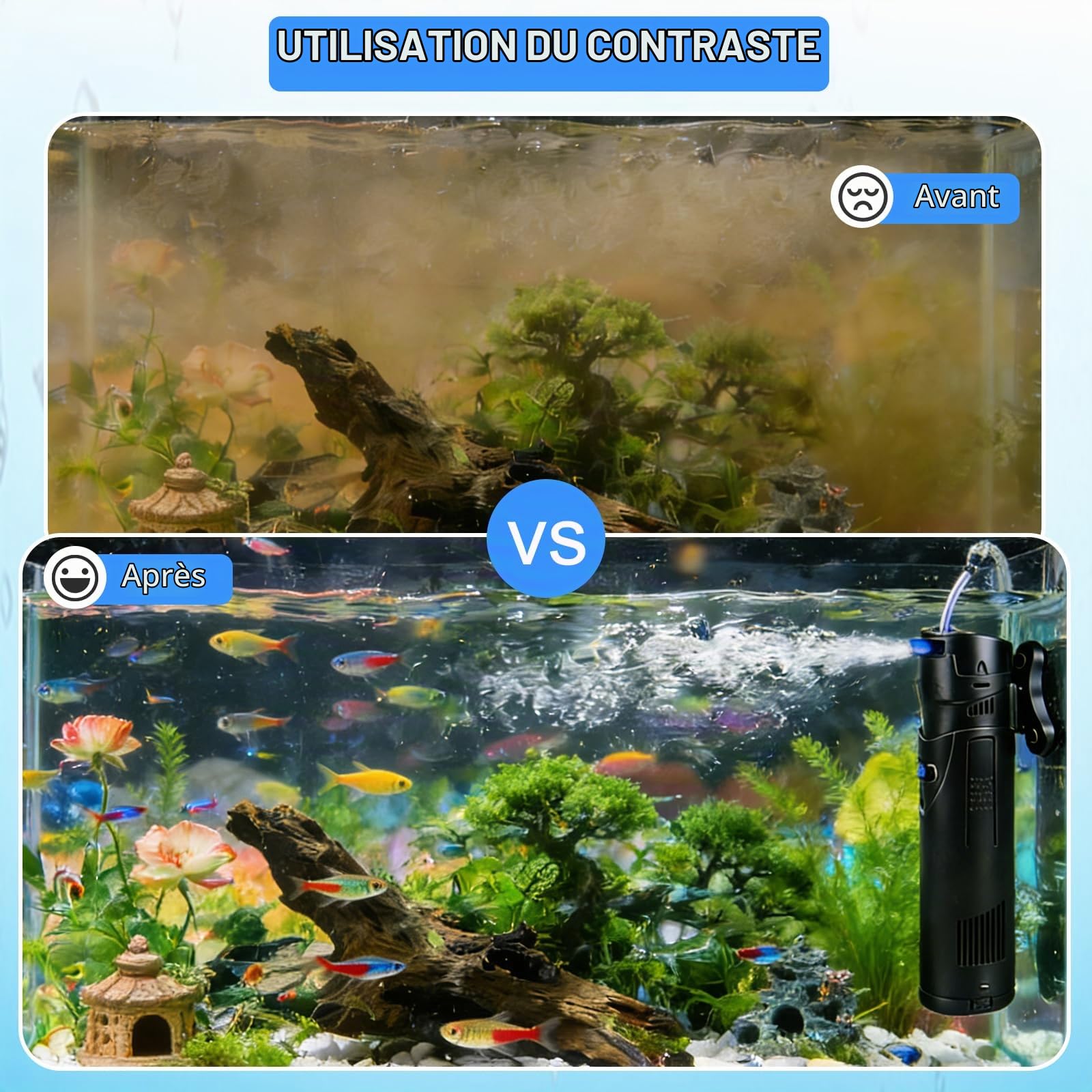EXLECO Filtre Pompe Aquarium 4 en 1 avec Lampe UVC 9W, Bulleur Silencieux 700 L/h 20W, Anti Algues, Pompe a Air avec Écumeur, Éponge et Média, pour Bacs 150-300L, Aquariums Complets et Eau Douce