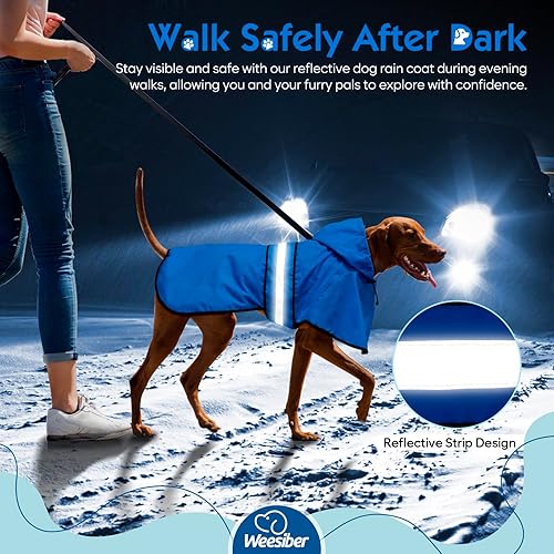 Vista 39 de Weesiber Impermeable para perro, impermeable reflectante para perro, con capucha, impermeable, ajustable, ligera, poncho para perros pequeños, Azul