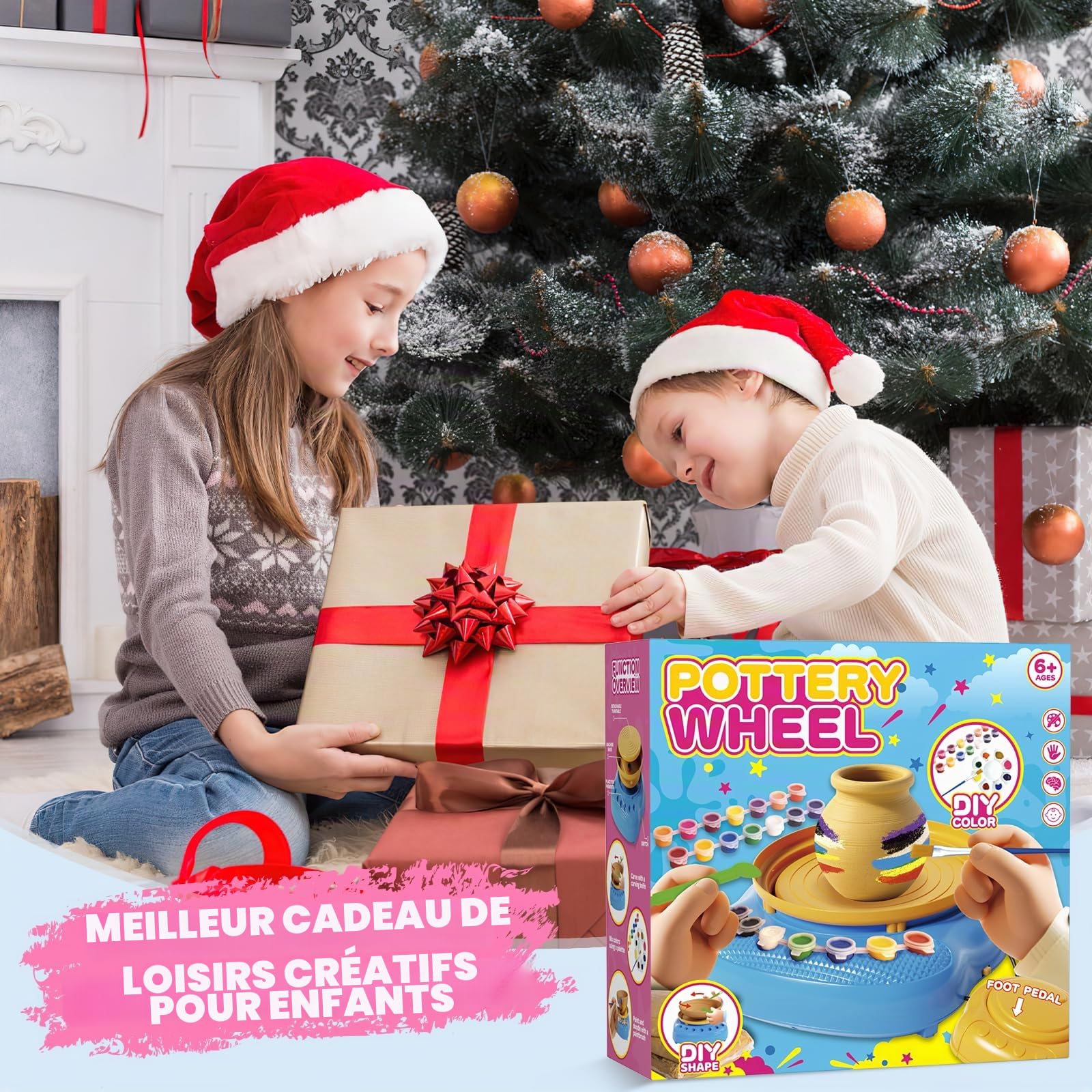 Tour de Potier pour Enfants avec Kit d'Argile-Loisirs Créatifs Enfants 6-12 Ans, Kit de Poterie Complet avec Argile Auto-Durcissante et Outils de Peinture, Cadeau Pâques Noël Anniversaire Garçon Fille