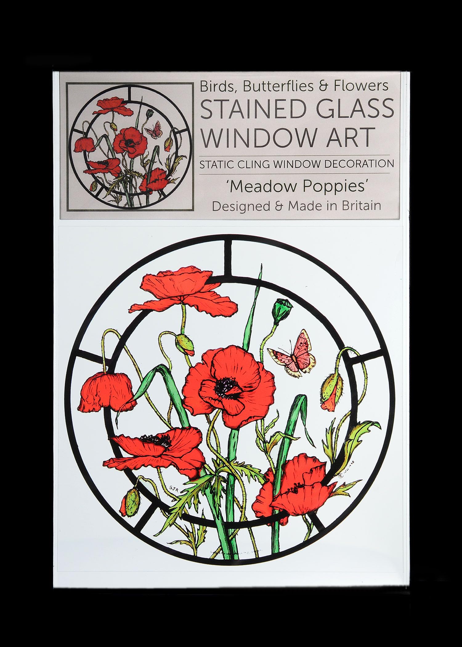 Winged Heart Static Window Cling in a Meadow Poppies Design, Red, Pink, Green, Blue, Yellow - Image 2