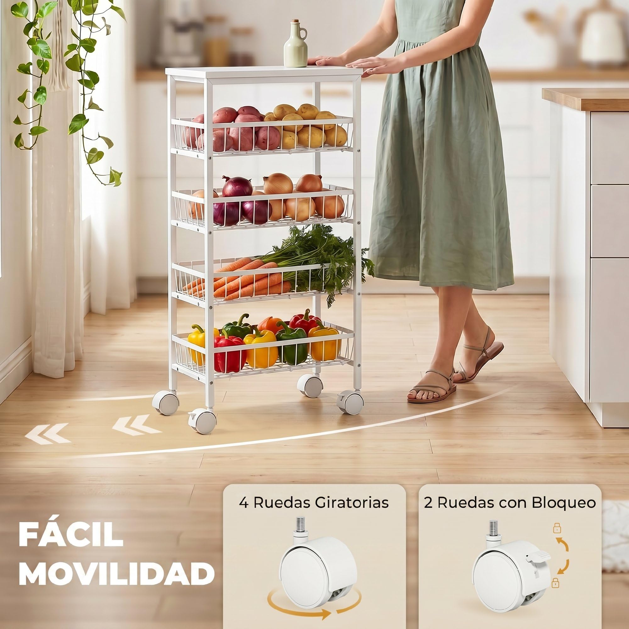 HOMCOM Carrito Auxiliar con Ruedas 4 Cestas Extraíbles 15 kg Blanco | Carrito de Cocina, Marco Metálico, para Comedor, Sala de Estar, Baño, 40x24x82 cm