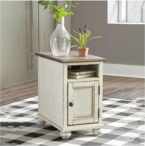 Miniatura 10 de Signature Design by Ashley Realyn Farmhouse - Mesa auxiliar con gabinete para almacenamiento, color blanco antiguo y marrón