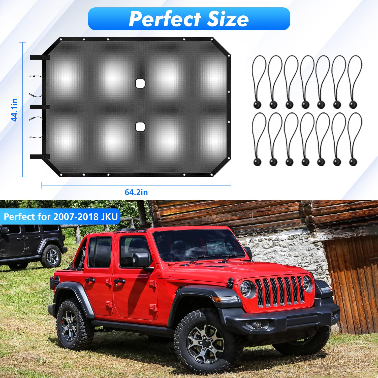 Jimen JKU - Parasole parasole per Jeep Wrangler JK Unlimited 2007-2018, solo 4 porte, colore: Nero