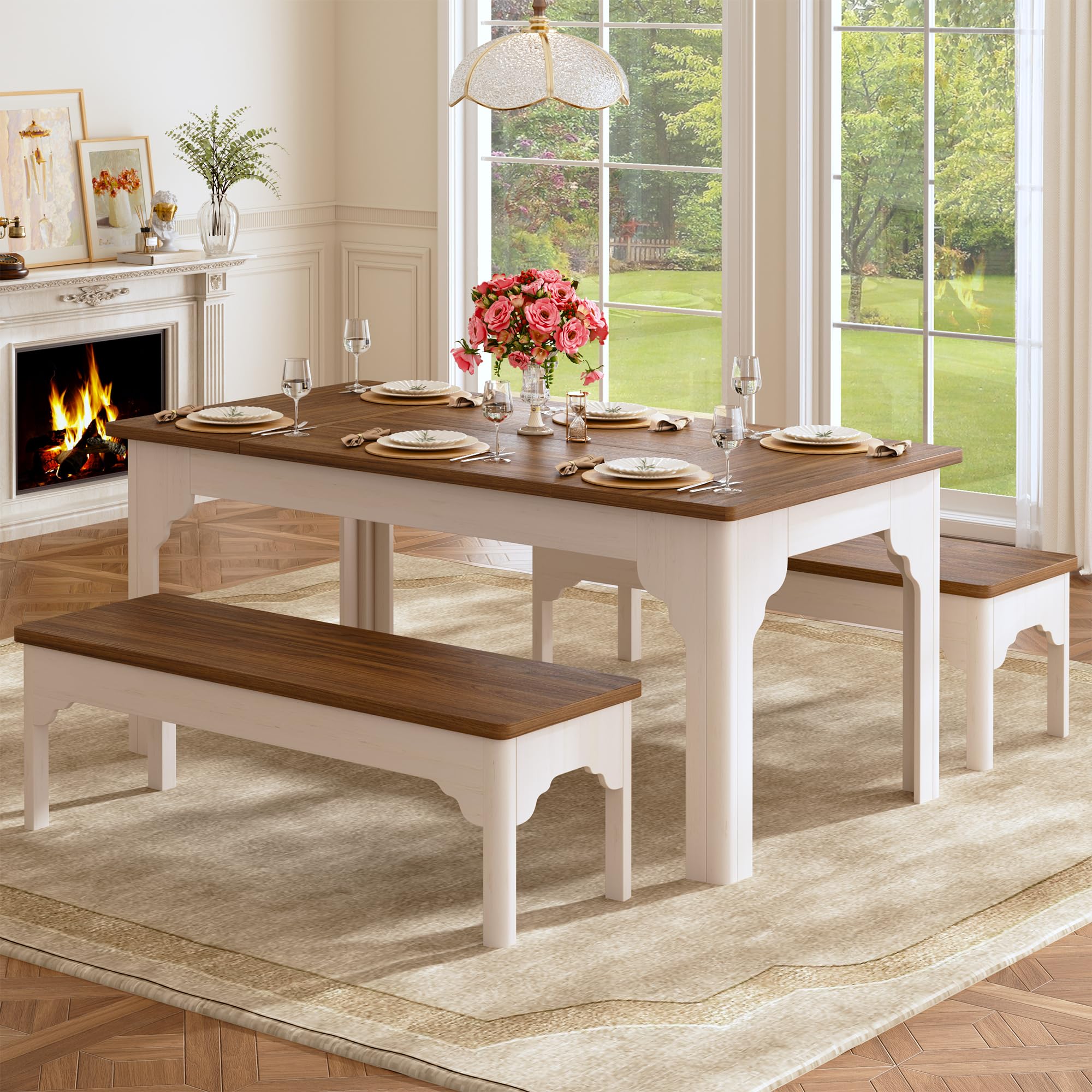 HUAHUU 63' Farmhouse Dining Table Set with Benches