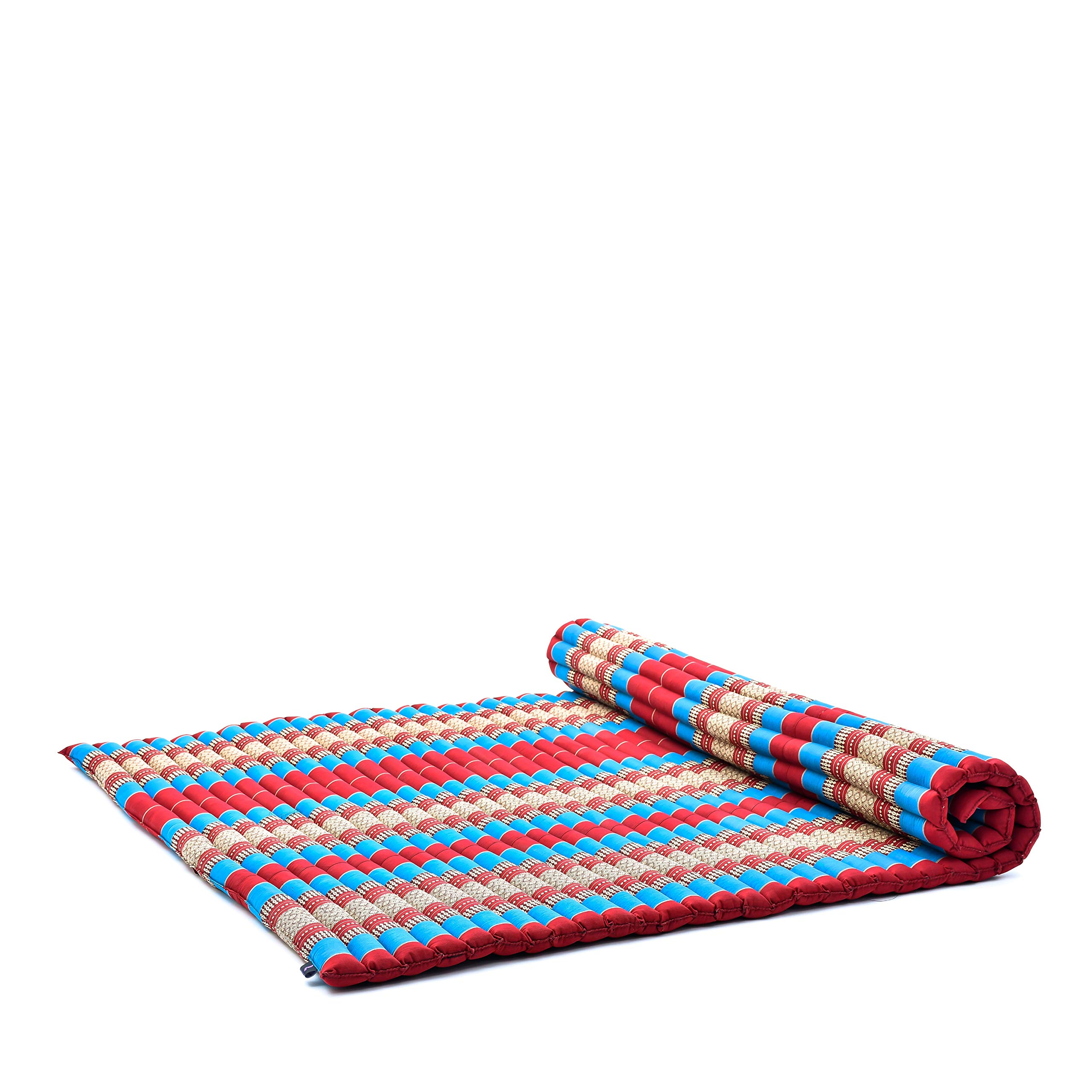 Leewadee - Foldable Floor Mattress - Japanese Roll Up Futon -Trifold Tatami Mat- Guest Floor Bed - Camping Mattress - Thai Massage Mat, Kapok Filled, 75 x 57 inches, Blue Red