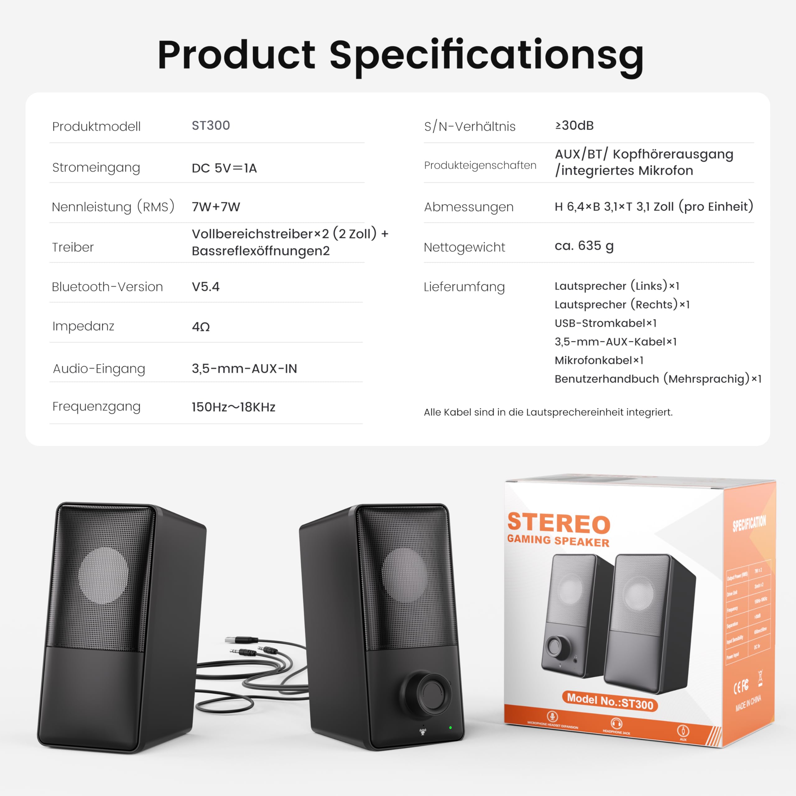 kstime Altoparlante per PC con Bluetooth 5.4, 14 W RMS Bass Reflex Stereo | inclinazione di 15°, porte USB e AUX, microfono integrato, jack per cuffie, per PC, laptop, smartphone