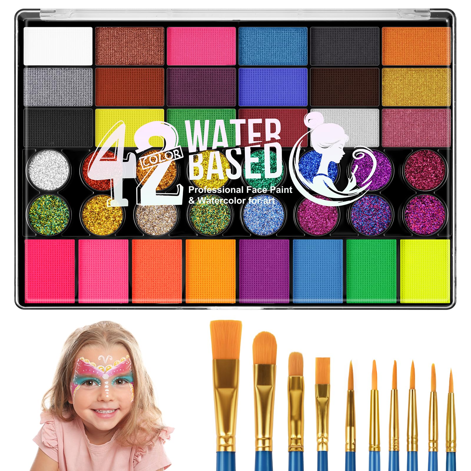LOPHE Face Body Painting Kit | 42 Colour with 10 Brushes | Water Based Split Cake Palette for Kids Adults | Halloween, Cosplay & Party Makeup Set
