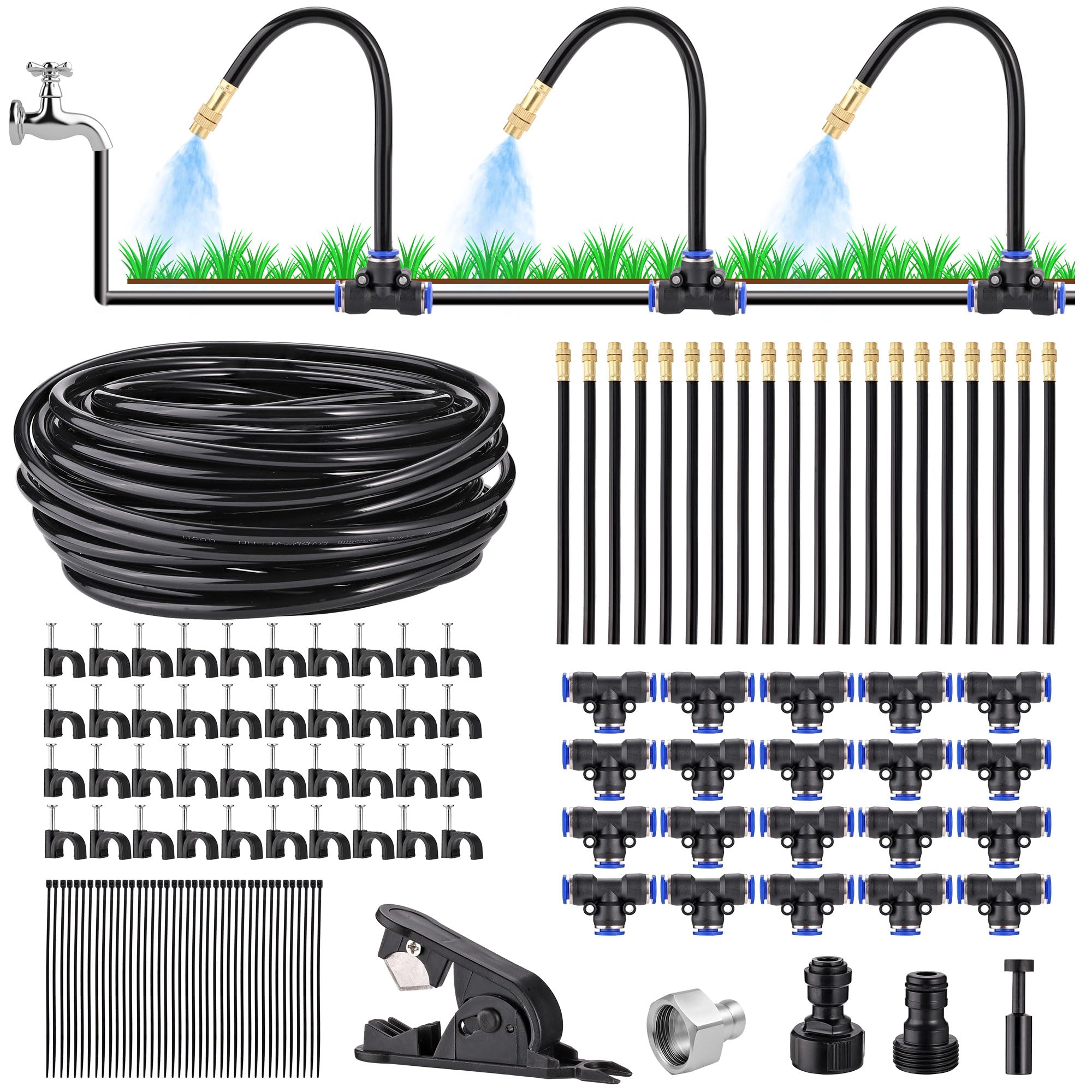 Automatic Drip Irrigation Kit 66FT(20m) - DIY Garden Watering System with 20Pcs 360Β°Adjustable Bendable Brass Mist Nozzles, Faucet Adapter, Hose & Cutters for Greenhouse Yard Cooling Humidifying