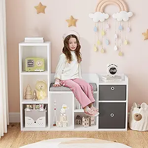 GarveeHome 44 Inch Kids Bookshelf and Toy Storage with Reading Nook & Seat Cushion, Toy Storage Organizer with 6 Cubby and 2 Extra Drawers, Kids Reading Nook for Playroom Kids Room