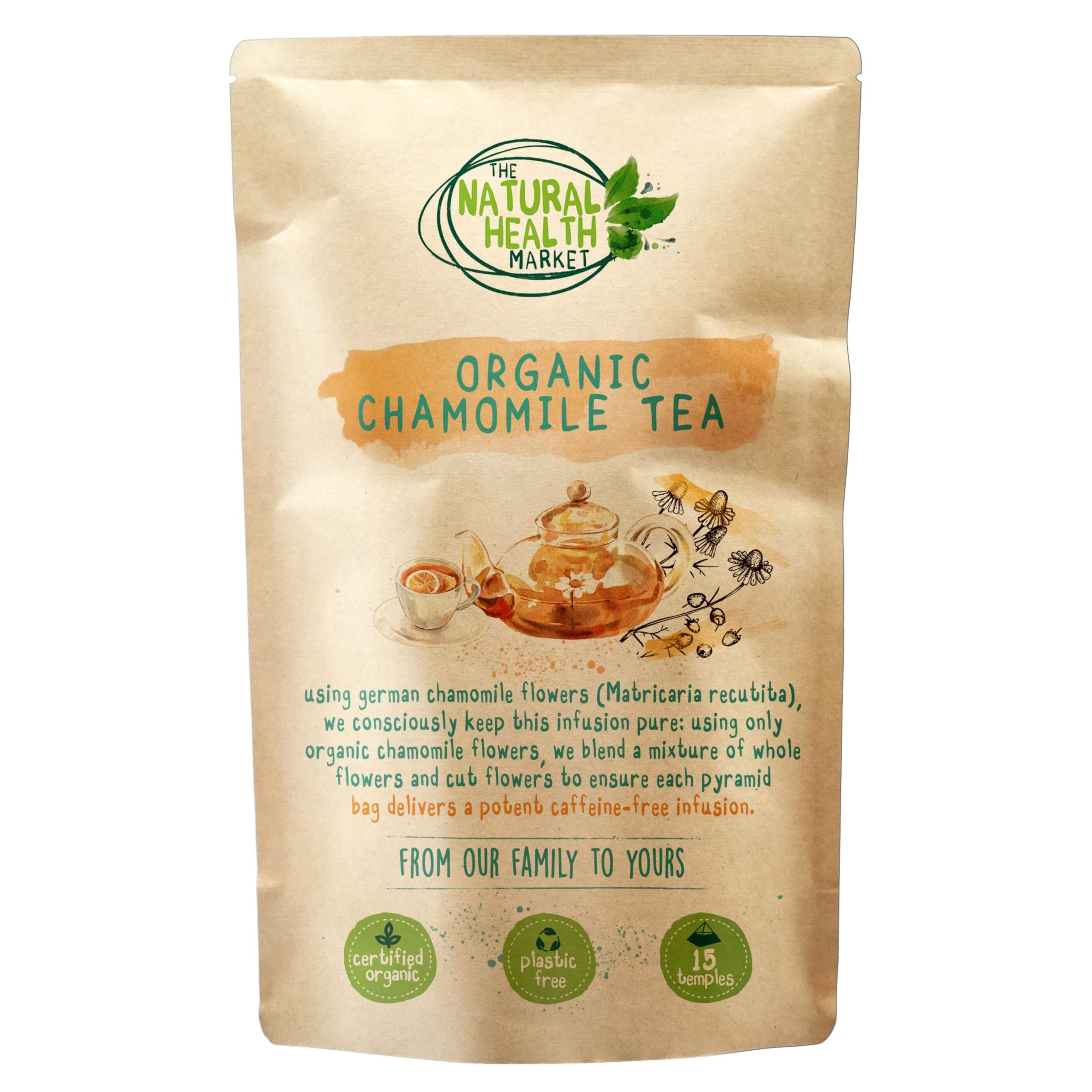 Organic Chamomile Tea Bags By The Natural Health Market • Soil Association Certified Organic • Plastic Free Filter Mesh • Relaxing Natural Herbal Tea (15 Bags)