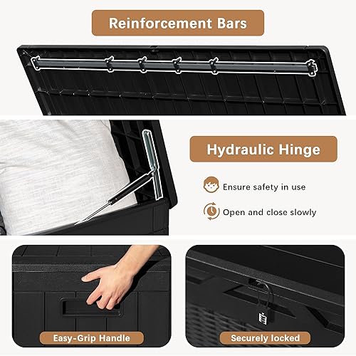 Miniatura 5 de Devoko Caja de cubierta de 97 galones, caja de almacenamiento de resina impermeable para exteriores y patio, banco de almacenamiento al aire libre